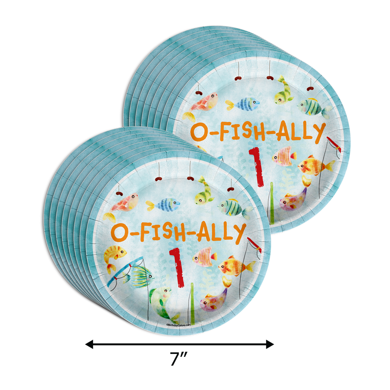 Ofishally 1 Fishing 1st Birthday Party Supplies 64 Piece Tableware Set Includes Large 9" Paper Plates Dessert Plates, Cups and Napkins Kit for 16