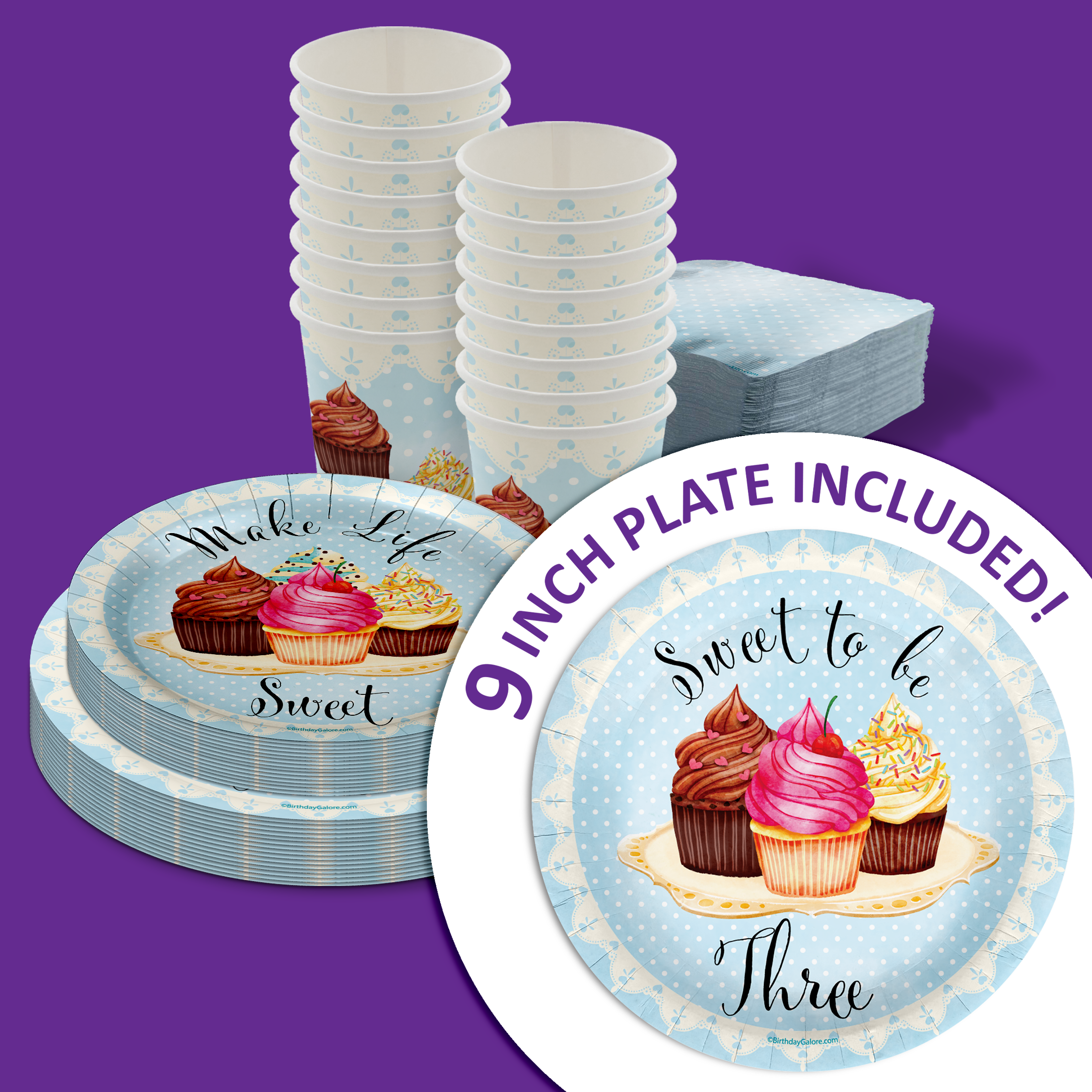 Sweet to Be Three Cupcake 3rd Birthday Party Supplies 64 Piece Tableware Set Includes Large 9" Paper Plates Dessert Plates, Cups and Napkins Kit for 16