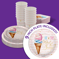 He or She Scoops Ice Cream Gender Reveal Party Supplies 64 Piece Tableware Set Includes Large 9" Paper Plates Dessert Plates, Cups and Napkins Kit for 16