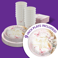 Butterfly Girl's 1st Birthday Party Supplies 64 Piece Tableware Set Includes Large 9" Paper Plates Dessert Plates, Cups and Napkins Kit for 16