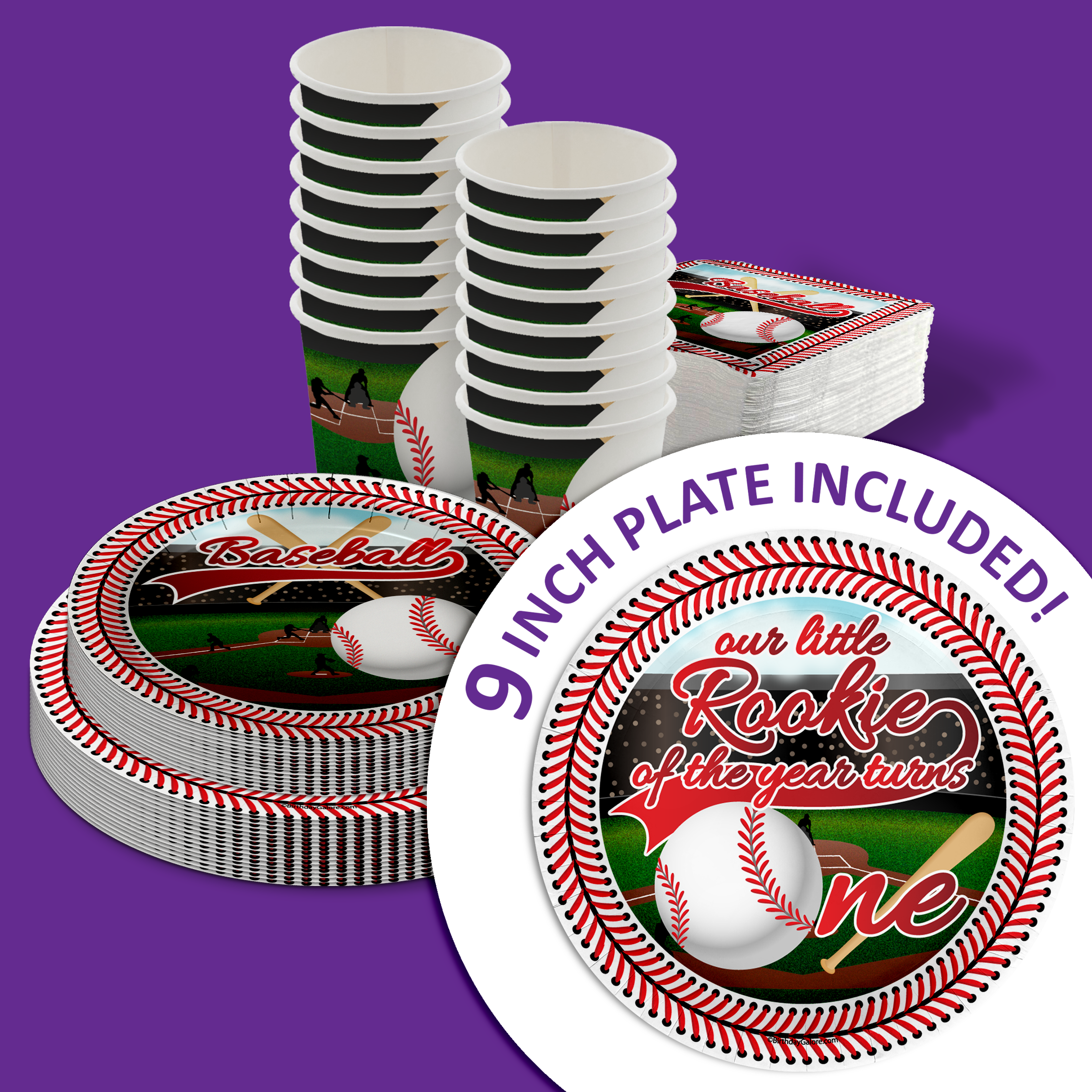Rookie Year Baseball 1st Birthday Party Supplies 64 Piece Tableware Set Includes Large 9" Paper Plates Dessert Plates, Cups and Napkins Kit for 16