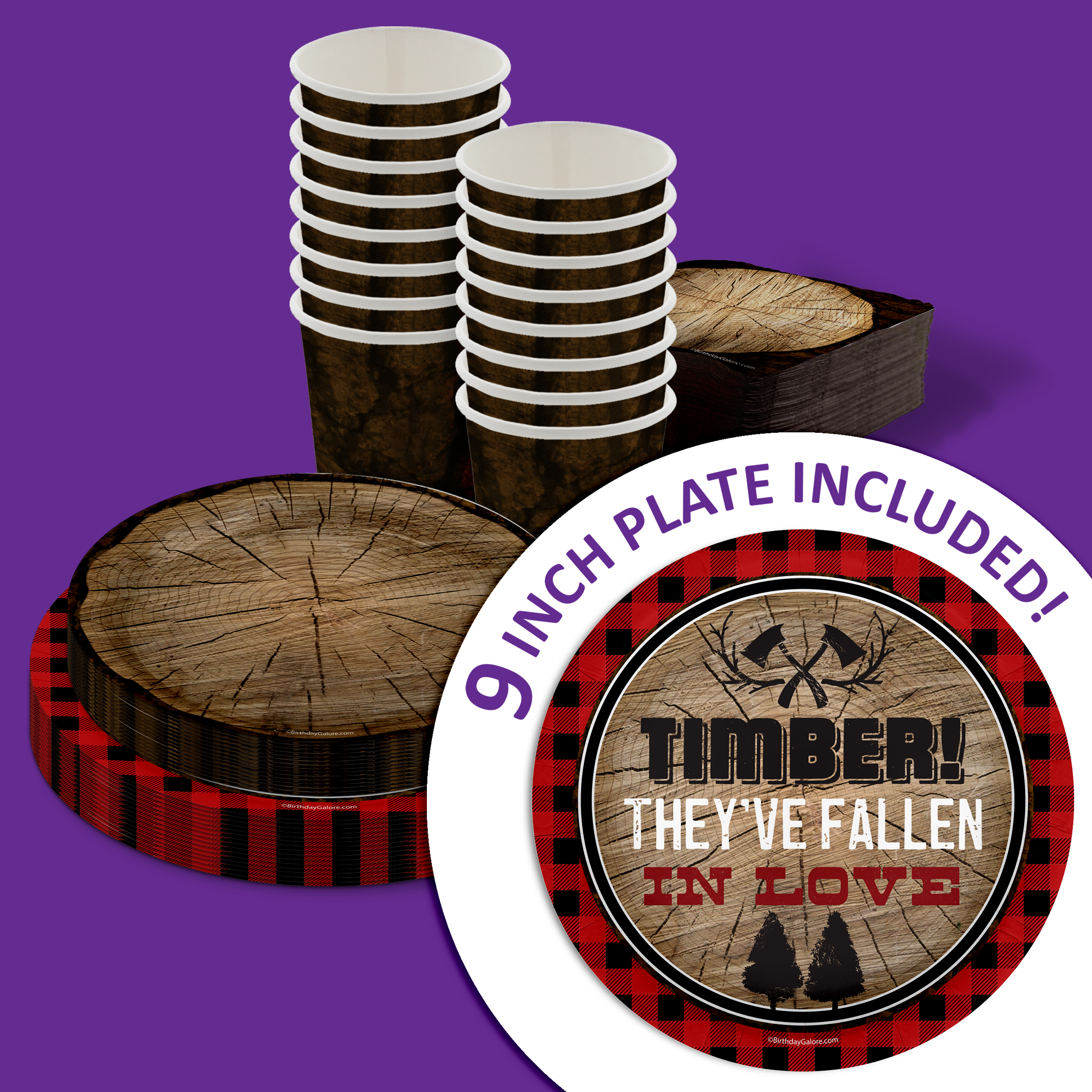 Timber They've Fallen In Love Tree Jack and Jill Party Tableware Kit For 16 Guests 64 Piece