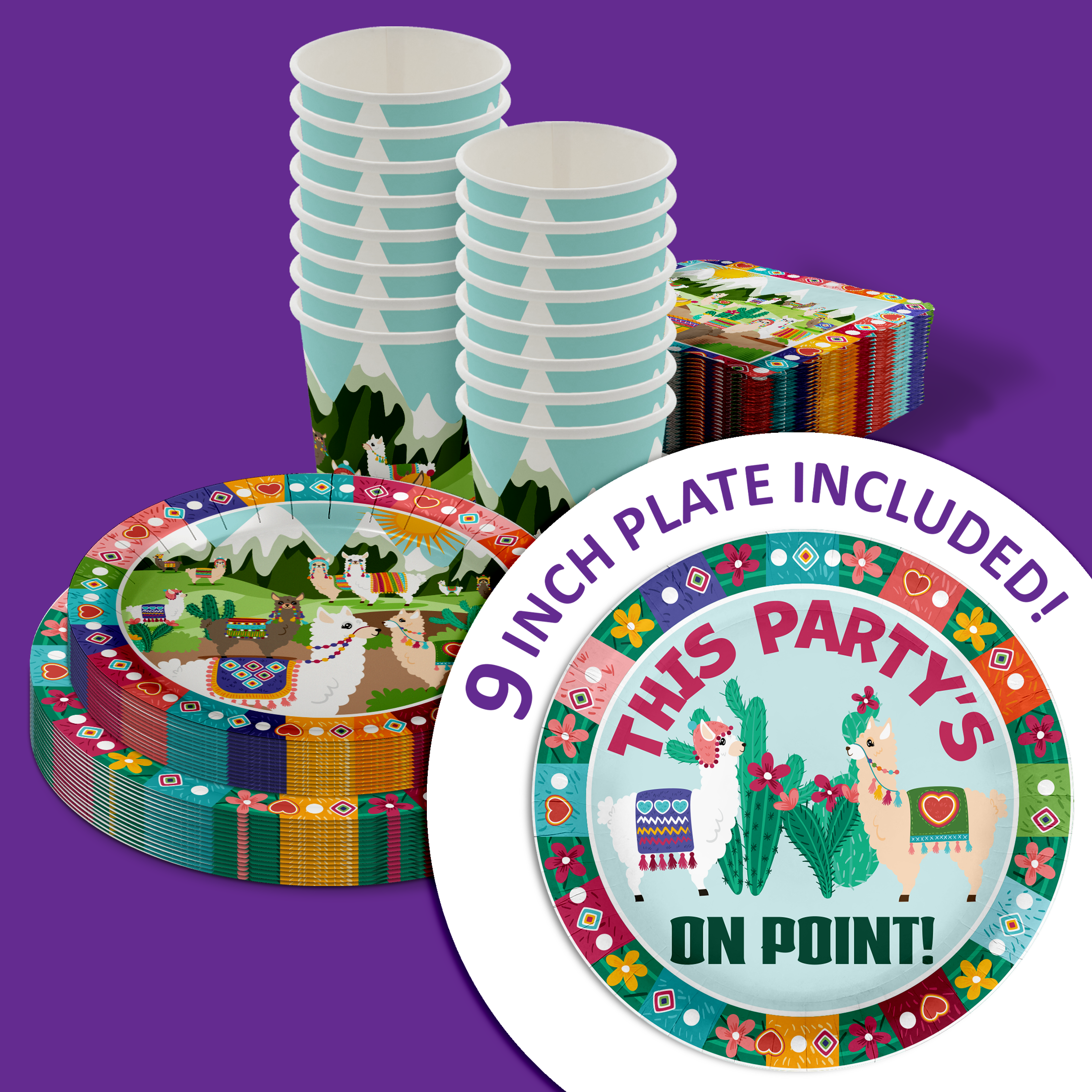 This Party is on Point Llama Birthday Party Tableware Kit For 16 Guests 64 Piece