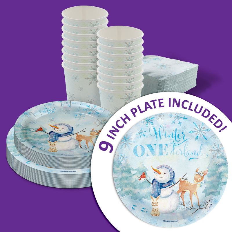 Snowman Winter Onederland 1st Birthday Party Tableware Kit For 16 Guests 64 Piece