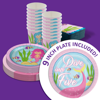 Dive into Five Mermaid 5th Birthday Party Tableware Kit For 16 Guests 64 Piece