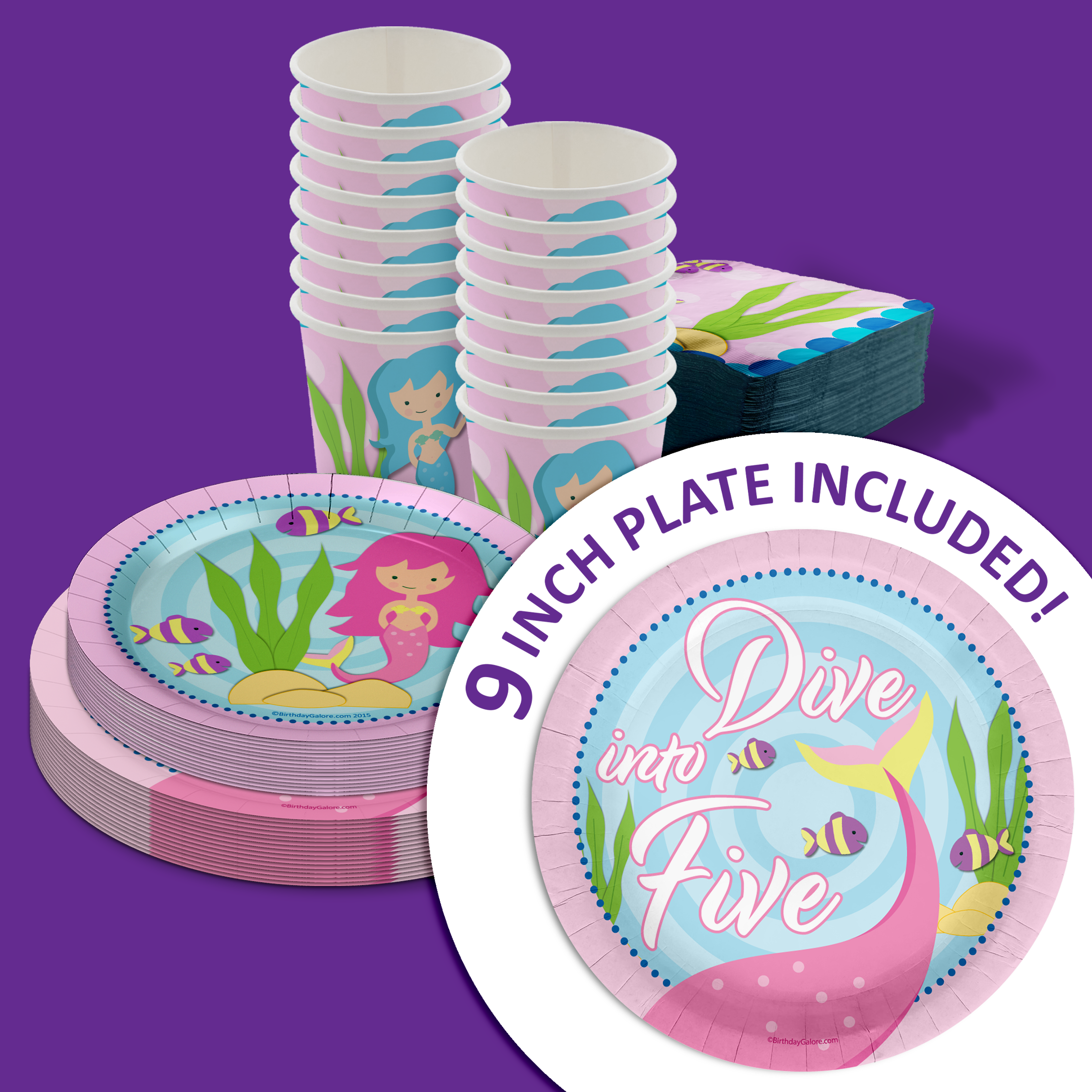 Dive into Five Mermaid 5th Birthday Party Tableware Kit For 16 Guests 64 Piece