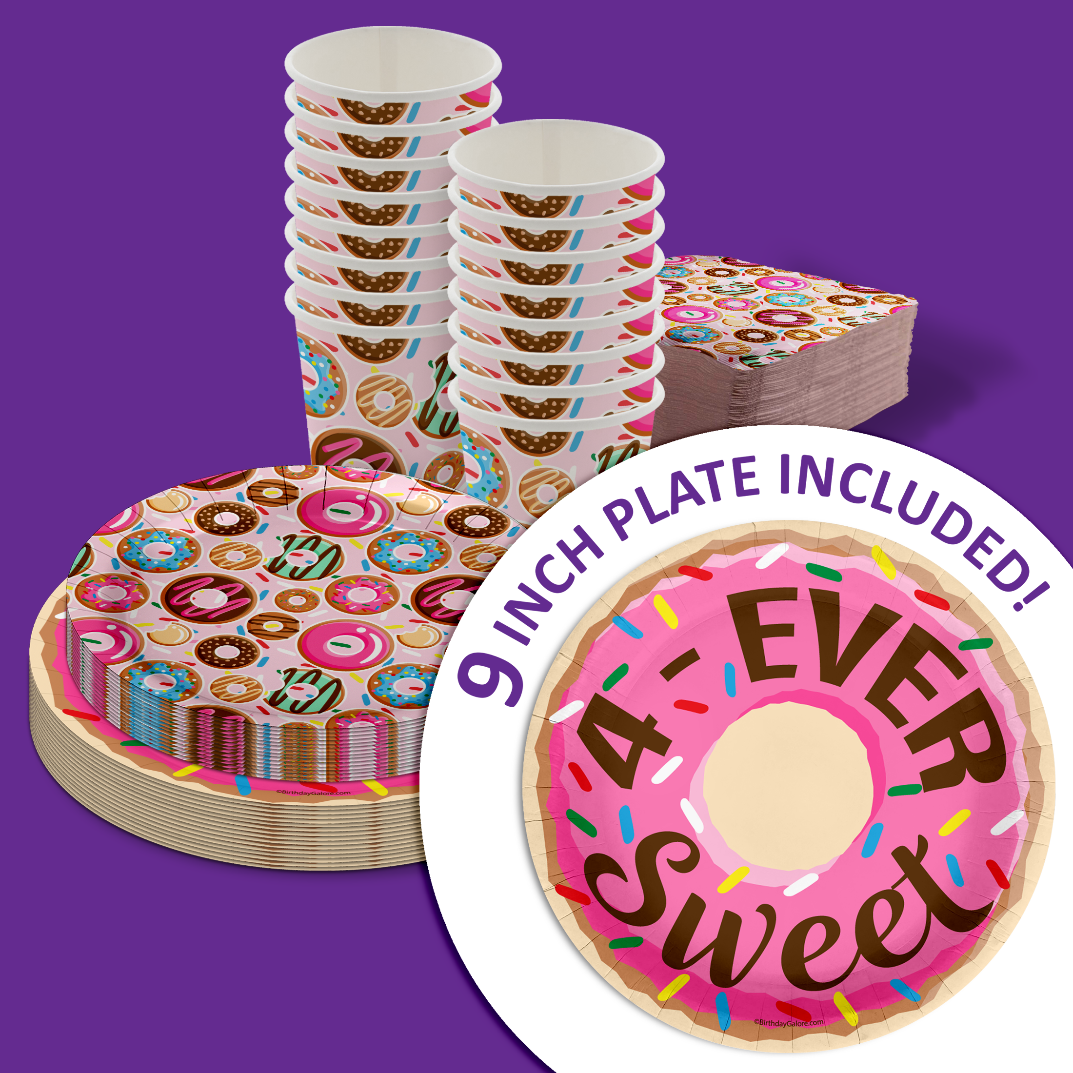 Girls 4th Birthday Party Supplies - Fourever Sweet Donut Birthday Paper Plates - 64 Piece Tableware Set Includes Large 9" Paper Plates Dessert Plates, Cups and Napkins Kit for 16