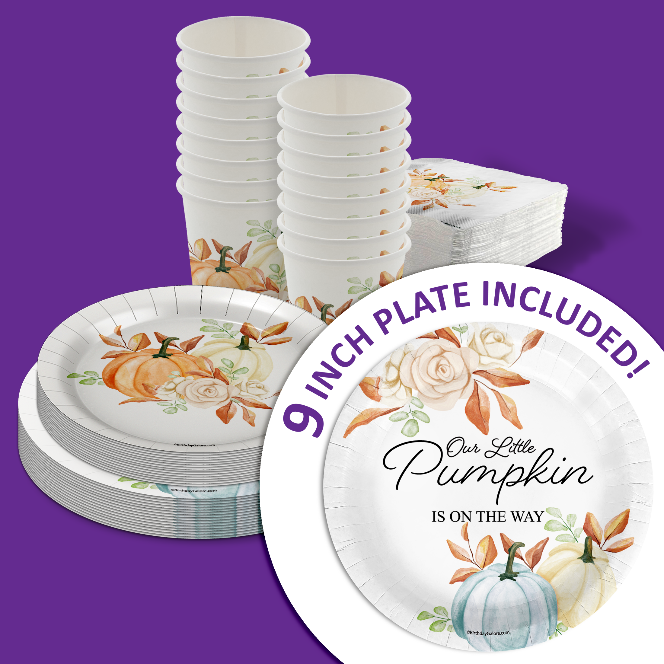 Our Little Pumpkin Is Almost Here Boy Baby Shower Party Supplies 64 Piece Tableware Set Includes Large 9" Paper Plates Dessert Plates, Cups and Napkins Kit for 16