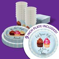 Have Your Cake and Eat it Two Cupcake 2nd Birthay Party Supplies 64 Piece Tableware Set Includes Large 9" Paper Plates Dessert Plates, Cups and Napkins Kit for 16