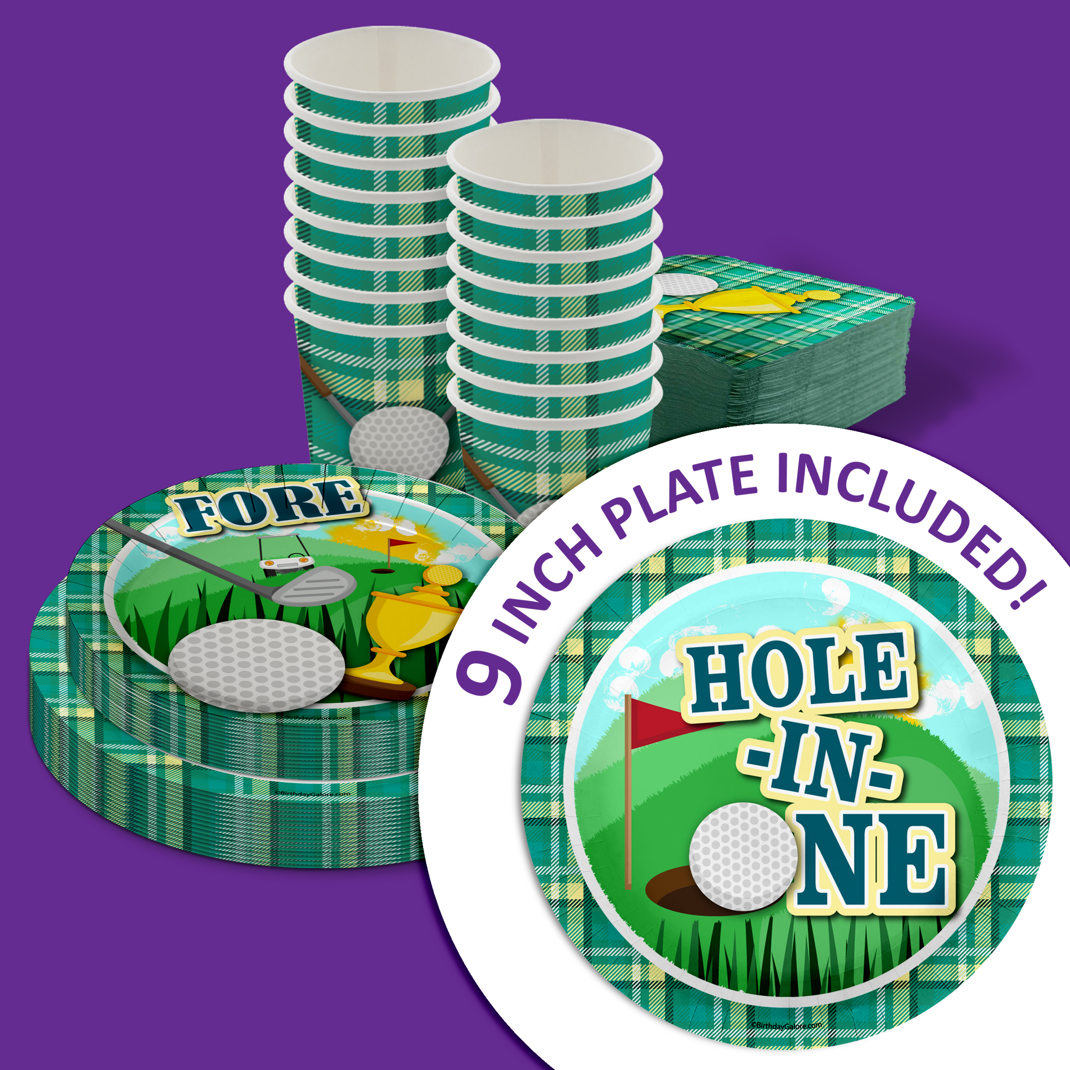 Hole in One Golf 1st Birthday Party Supplies 64 Piece Tableware Set Includes Large 9" Paper Plates Dessert Plates, Cups and Napkins Kit for 16