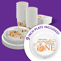 Little Pumpkin Turning One 1st Birthday Party Supplies 64 Piece Tableware Set Includes Large 9" Paper Plates Dessert Plates, Cups and Napkins Kit for 16