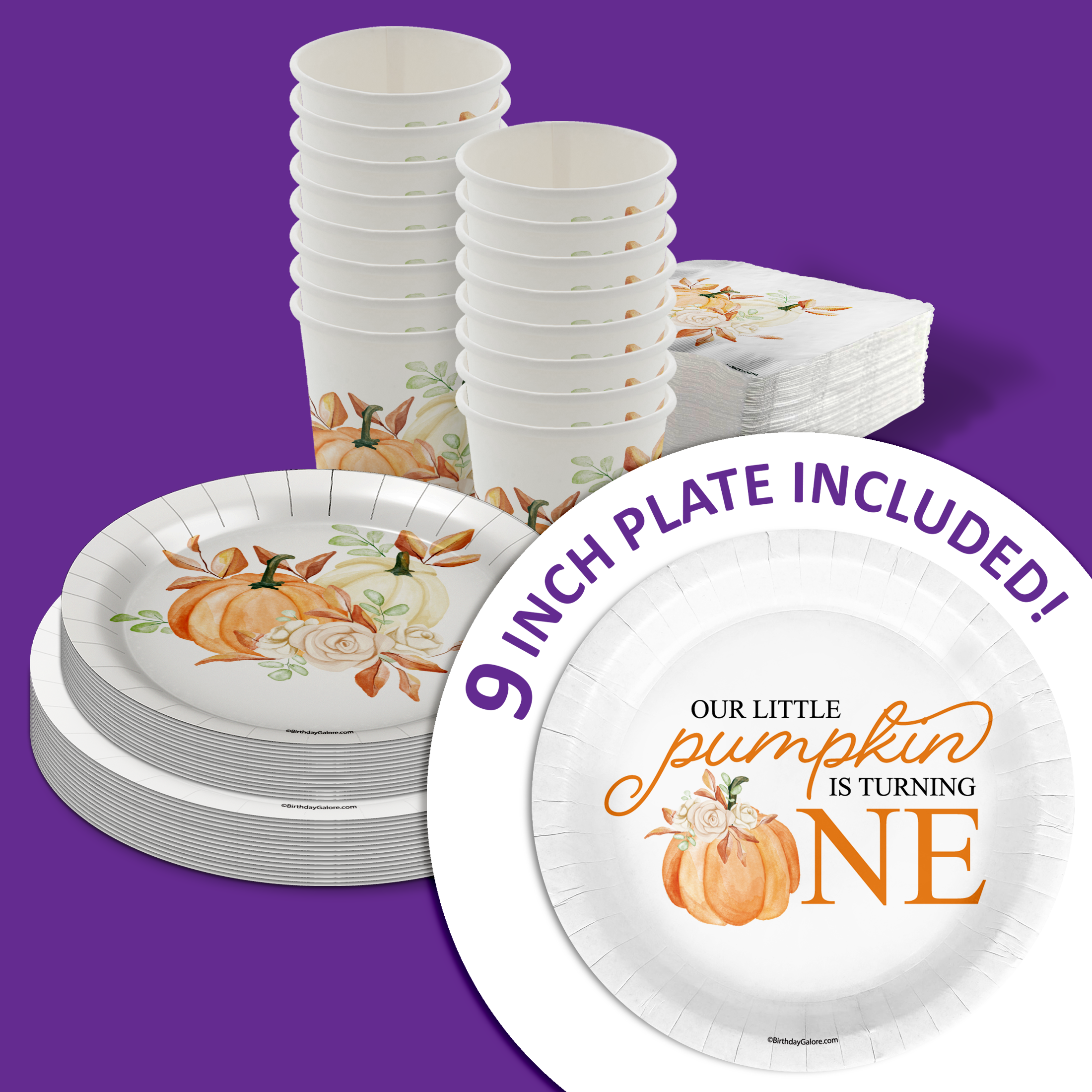 Little Pumpkin Turning One 1st Birthday Party Supplies 64 Piece Tableware Set Includes Large 9" Paper Plates Dessert Plates, Cups and Napkins Kit for 16