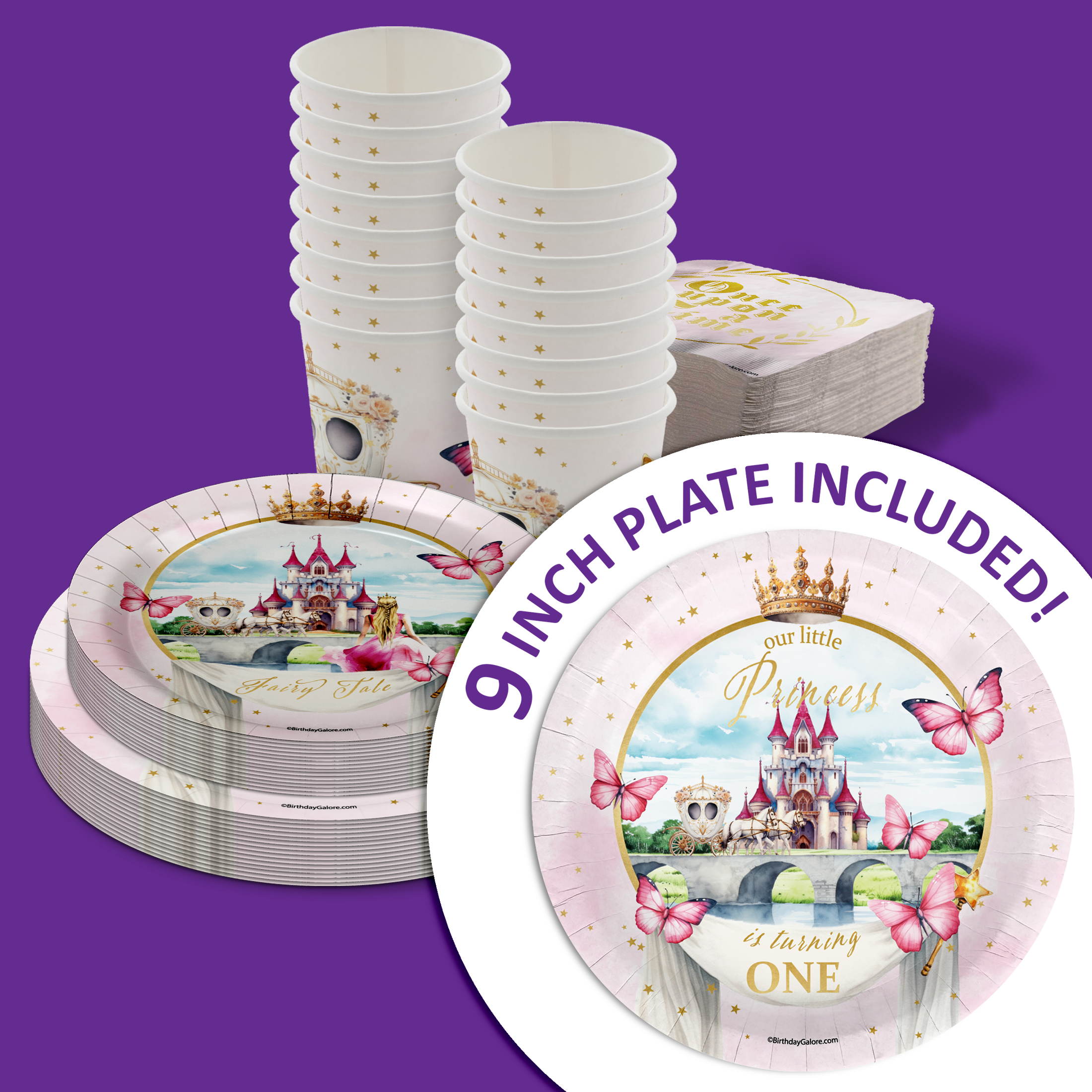 Fairytale Princess 1st Birthday Party Supplies 64 Piece Tableware Set Includes Large 9" Paper Plates Dessert Plates, Cups and Napkins Kit for 16