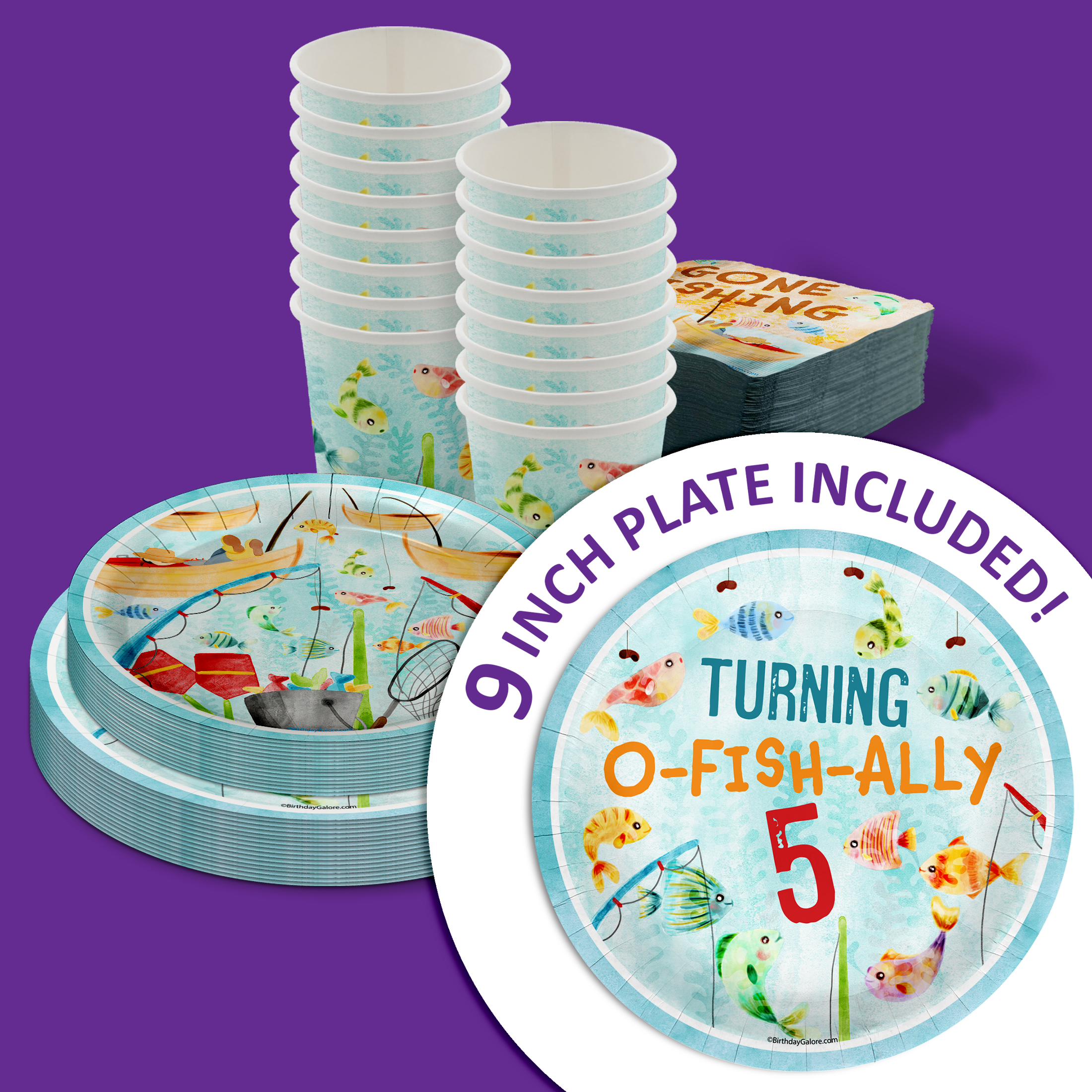 O-fish-ally Five Little Fisherman's 5th Birthday Party Tableware Kit For 16 Guests 64 Piece