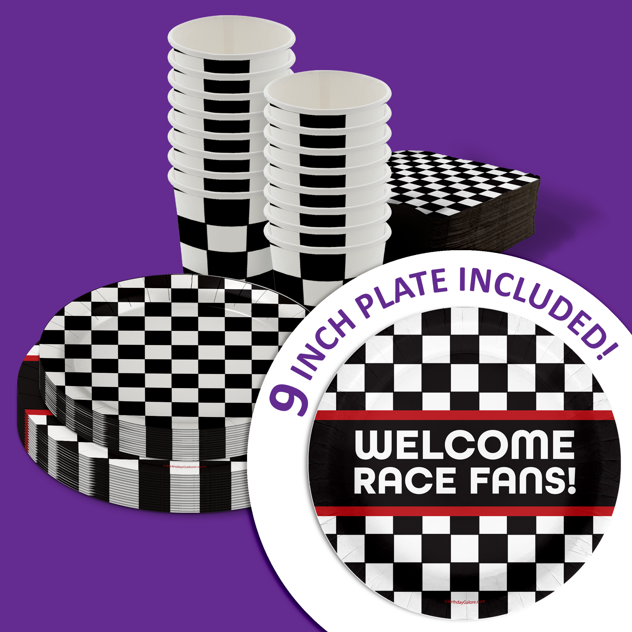 Welcome Race Fans Checkered Flag Birthday Party Tableware Kit For 16 Guests 64 Piece