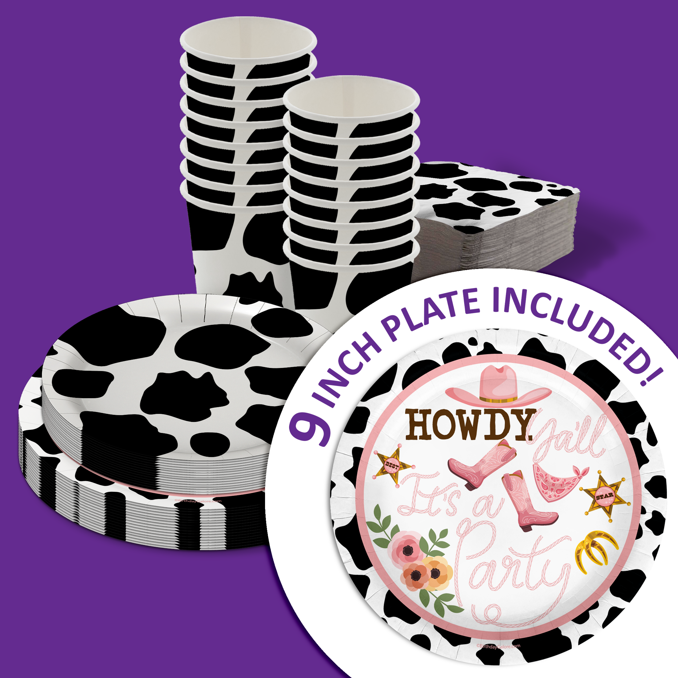 Howdy Y'all It's A Party Cow Print Birthday Party Tableware Kit For 16 Guests 64 Piece