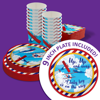 Up Up and Away Airplane Baby Shower Party Supplies 64 Piece Tableware Set Includes Large 9" Paper Plates Dessert Plates, Cups and Napkins Kit for 16