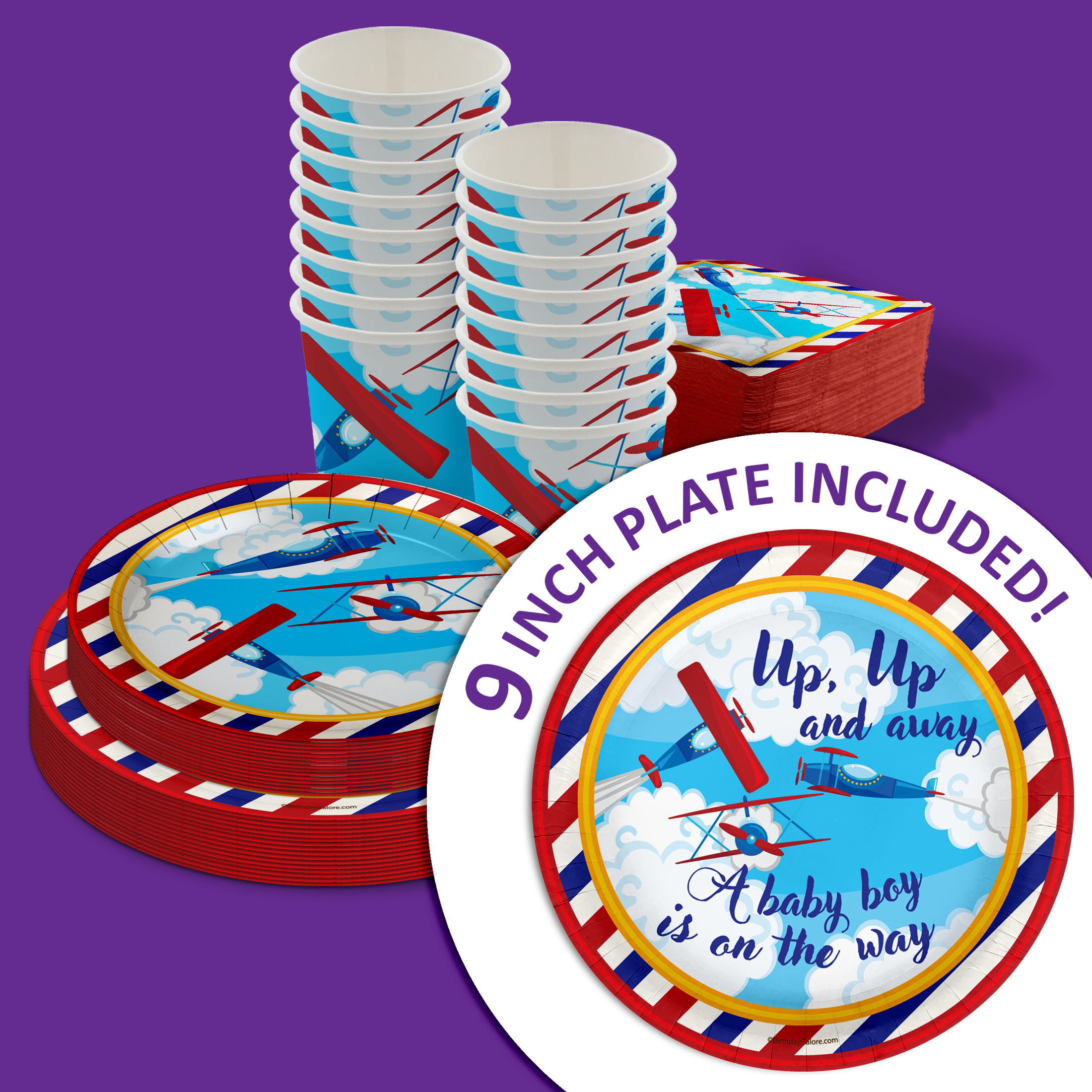 Up Up and Away Airplane Baby Shower Party Supplies 64 Piece Tableware Set Includes Large 9" Paper Plates Dessert Plates, Cups and Napkins Kit for 16