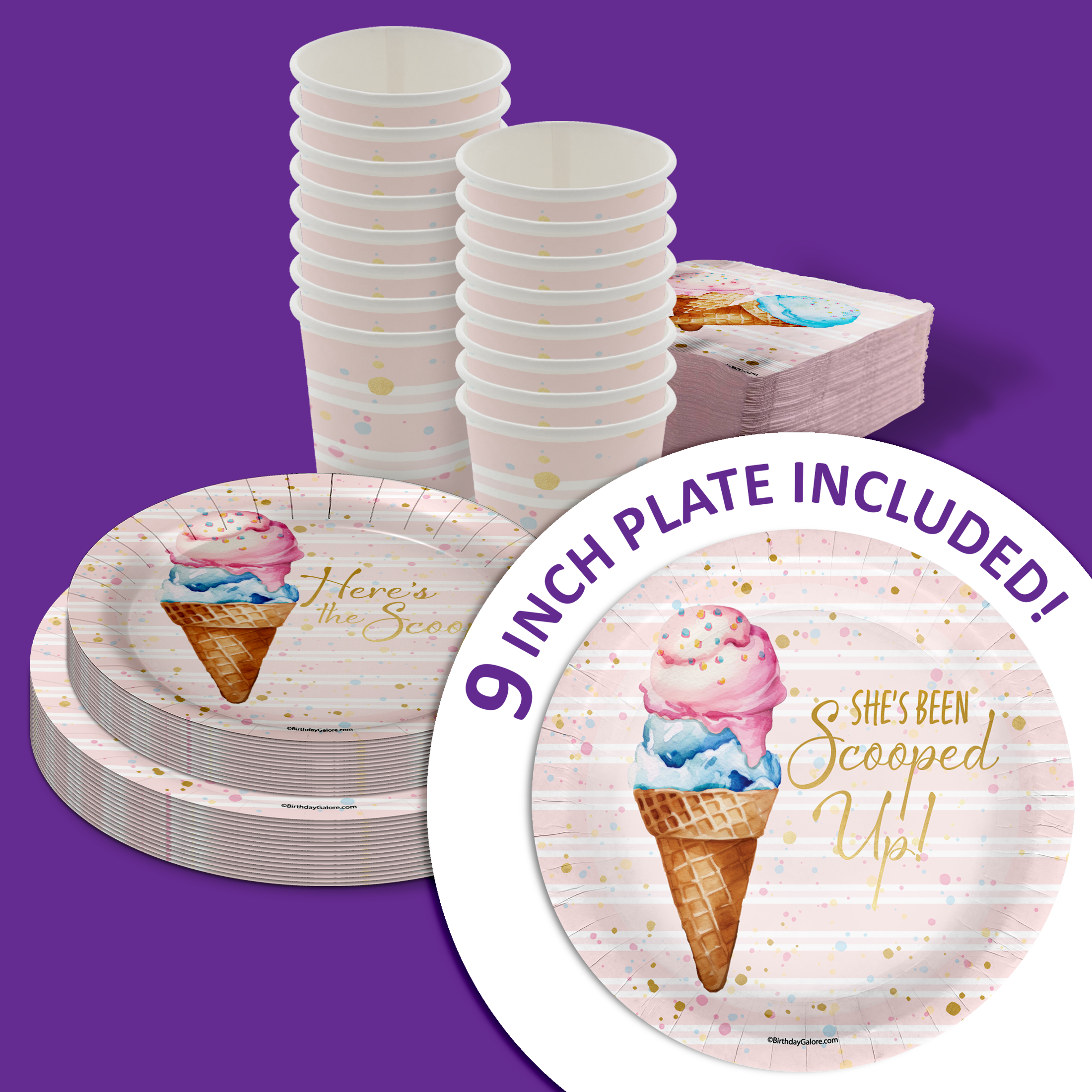 She's Been Scooped Up Ice Cream Bridal Shower Party Supplies 64 Piece Tableware Set Includes Large 9" Paper Plates Dessert Plates, Cups and Napkins Kit for 16