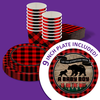 Adventures Awaits Baby Boy Baby Shower Buffalo Plaid Tableware Kit For 16 Guests 64 Piece