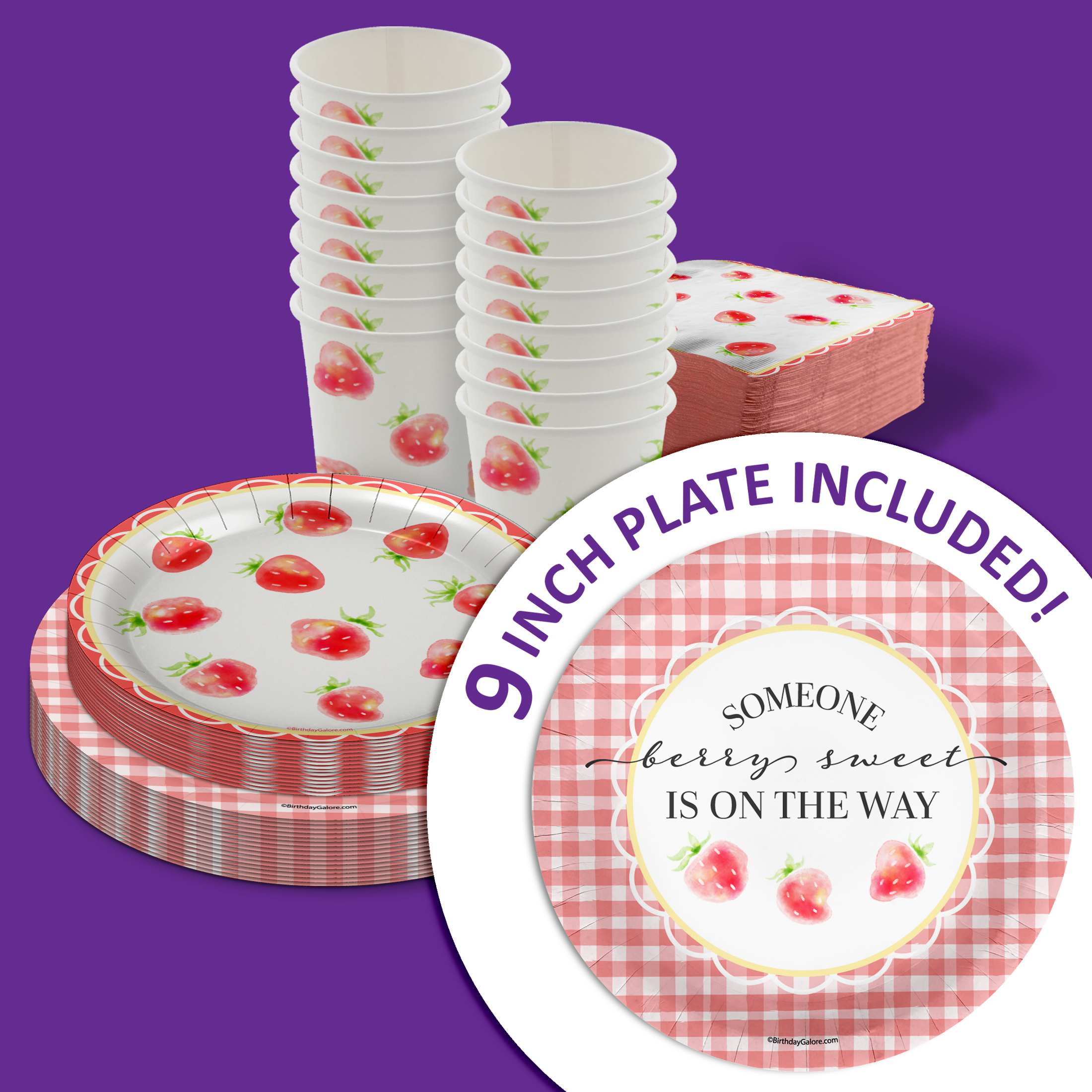 Someone Berry Sweet is on the Way Strawberry Baby Shower Party Supplies 64 Piece Tableware Set Includes Large 9" Paper Plates Dessert Plates, Cups and Napkins Kit for 16