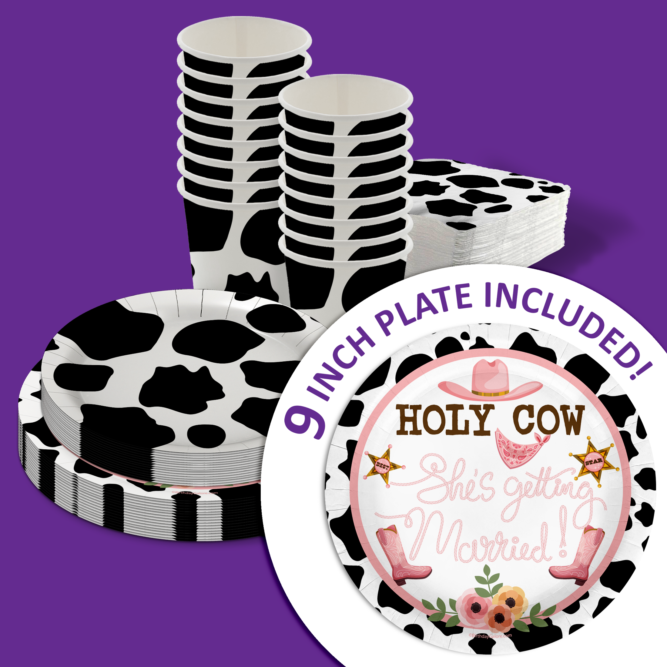 Holy Cow She's Getting Married Bridal Shower Party Supplies 64 Piece Tableware Set Includes Large 9" Paper Plates Dessert Plates, Cups and Napkins Kit for 16