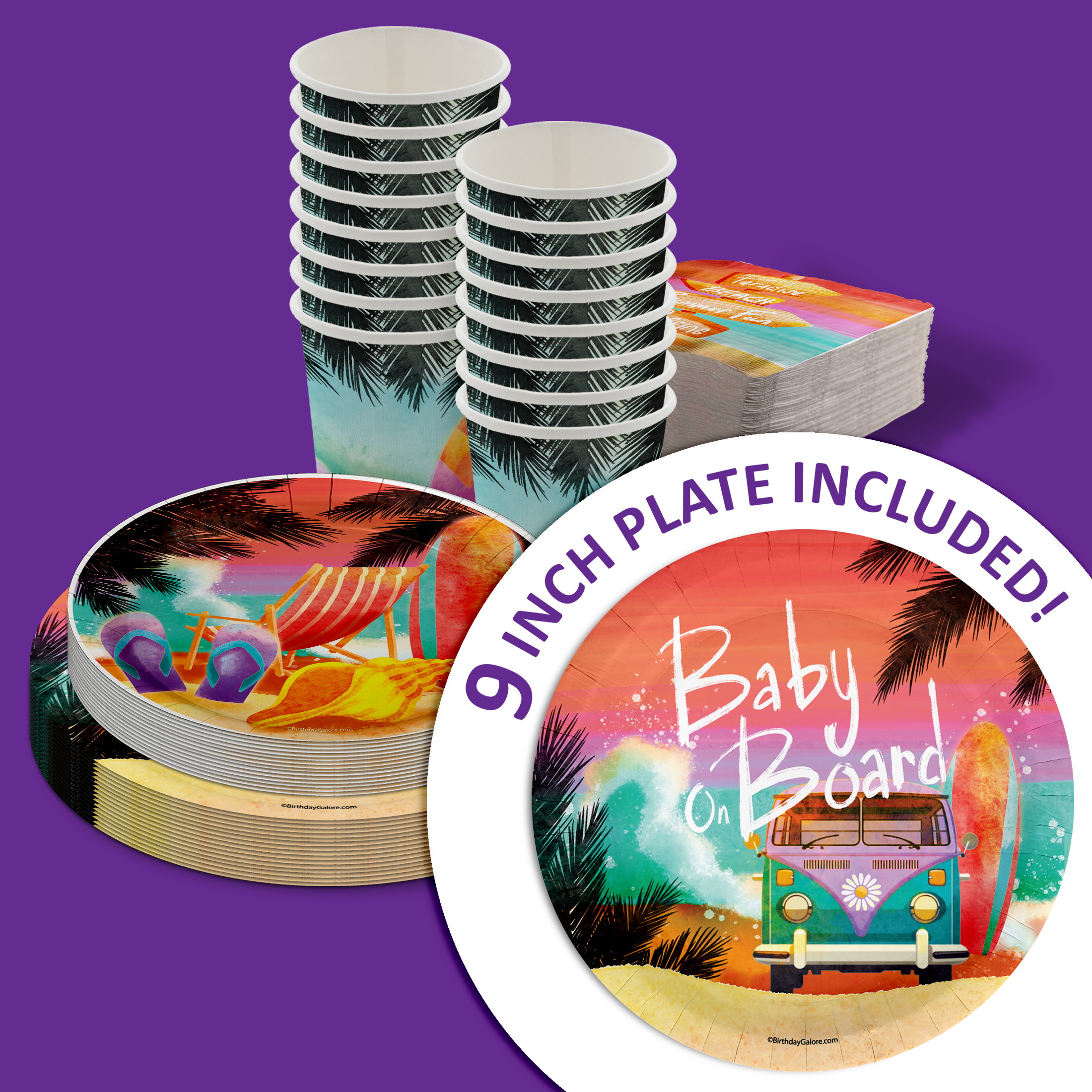 Baby on Board Baby Shower Party Supplies 64 Piece Tableware Set Includes Large 9" Paper Plates Dessert Plates, Cups and Napkins Kit for 16