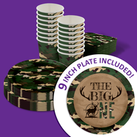 The BIG One Buck Hunter 1st Birthday Party Supplies 64 Piece Tableware Set Includes Large 9" Paper Plates Dessert Plates, Cups and Napkins Kit for 16