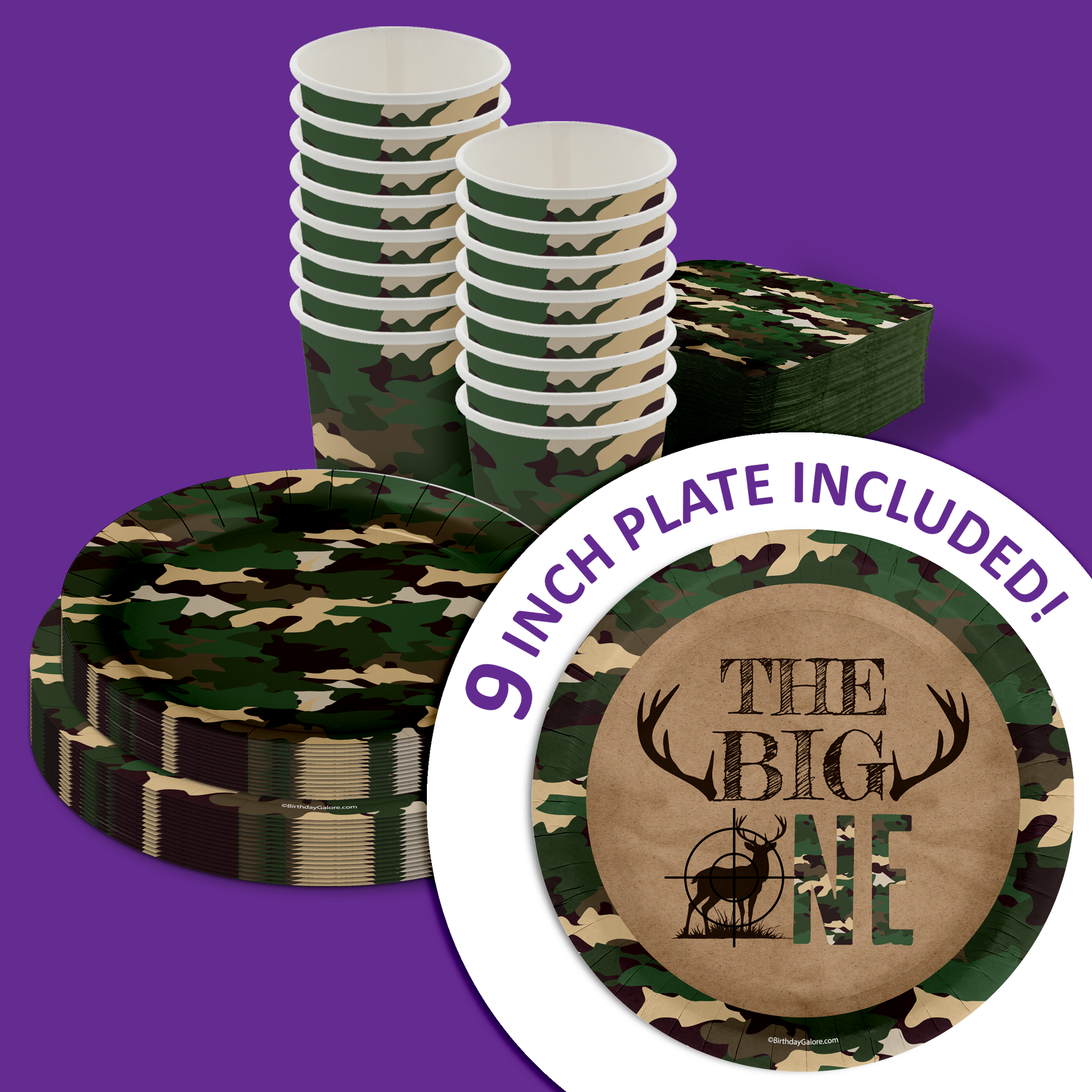 The BIG One Buck Hunter 1st Birthday Party Supplies 64 Piece Tableware Set Includes Large 9" Paper Plates Dessert Plates, Cups and Napkins Kit for 16