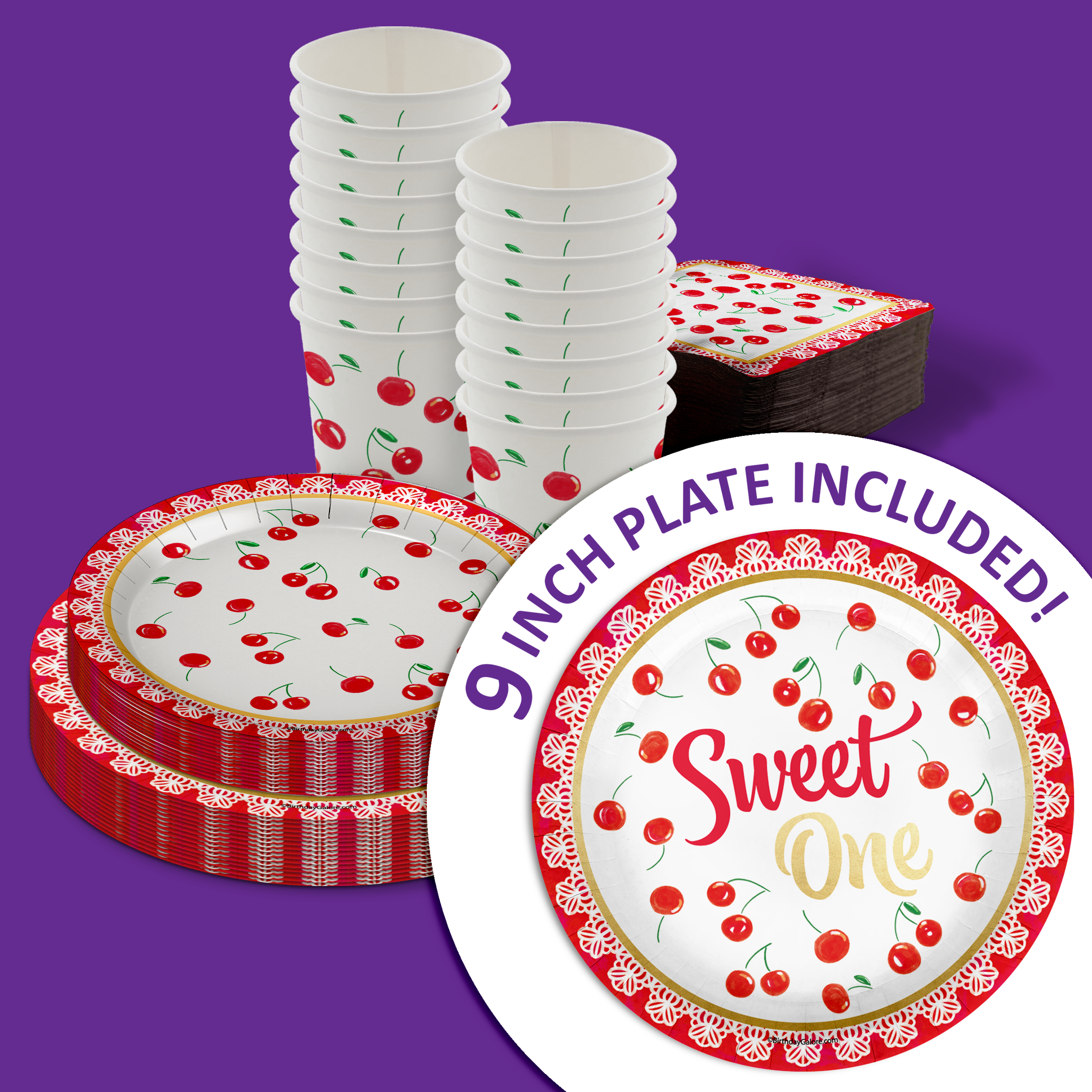 Sweet One Cherry 1st Birthday Party Tableware Kit For 16 Guests 64 Piece