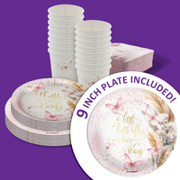 Butterfly Baby Shower Party Supplies 64 Piece Tableware Set Includes Large 9" Paper Plates Dessert Plates, Cups and Napkins Kit for 16