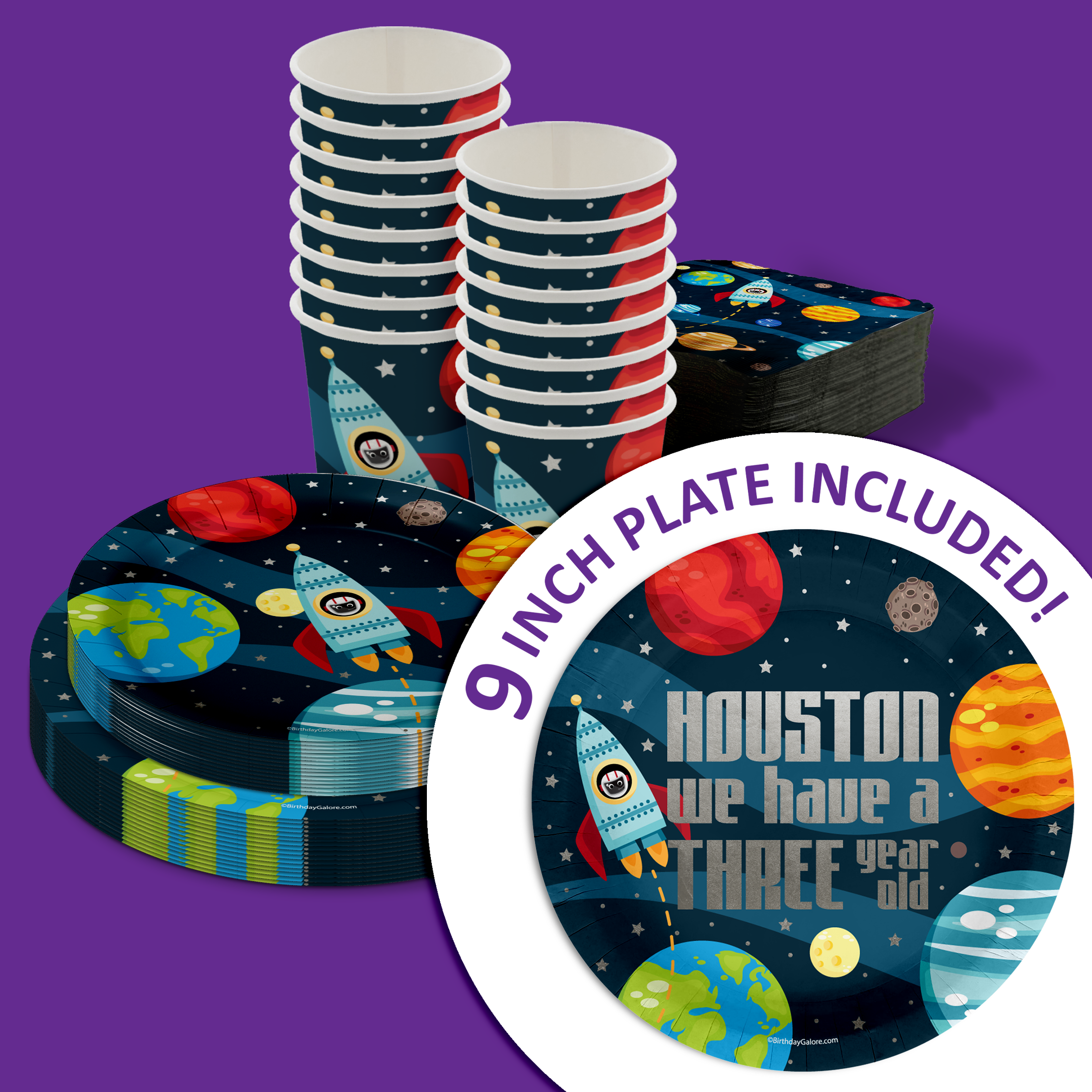 Houston We Have a Three Year Old Astronaut 3rd Birthday Party Tableware Kit For 16 Guests 64 Piece