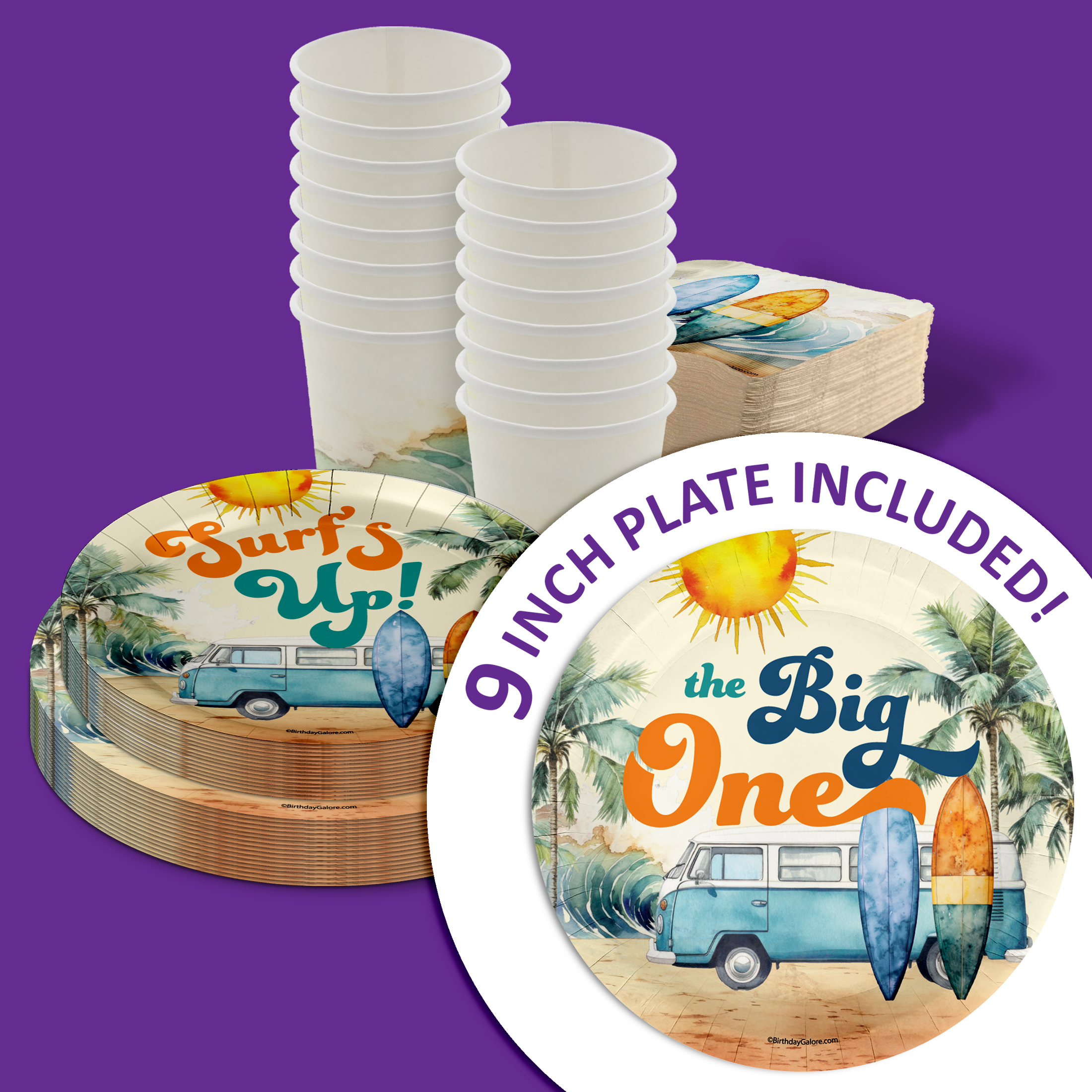 The Big One Surfing 1st Birthday Party Supplies 64 Piece Tableware Set Includes Large 9" Paper Plates Dessert Plates, Cups and Napkins Kit for 16