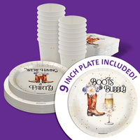 Boot and Bubbly Bridal Shower Party Supplies 64 Piece Tableware Set Includes Large 9" Paper Plates Dessert Plates, Cups and Napkins Kit for 16