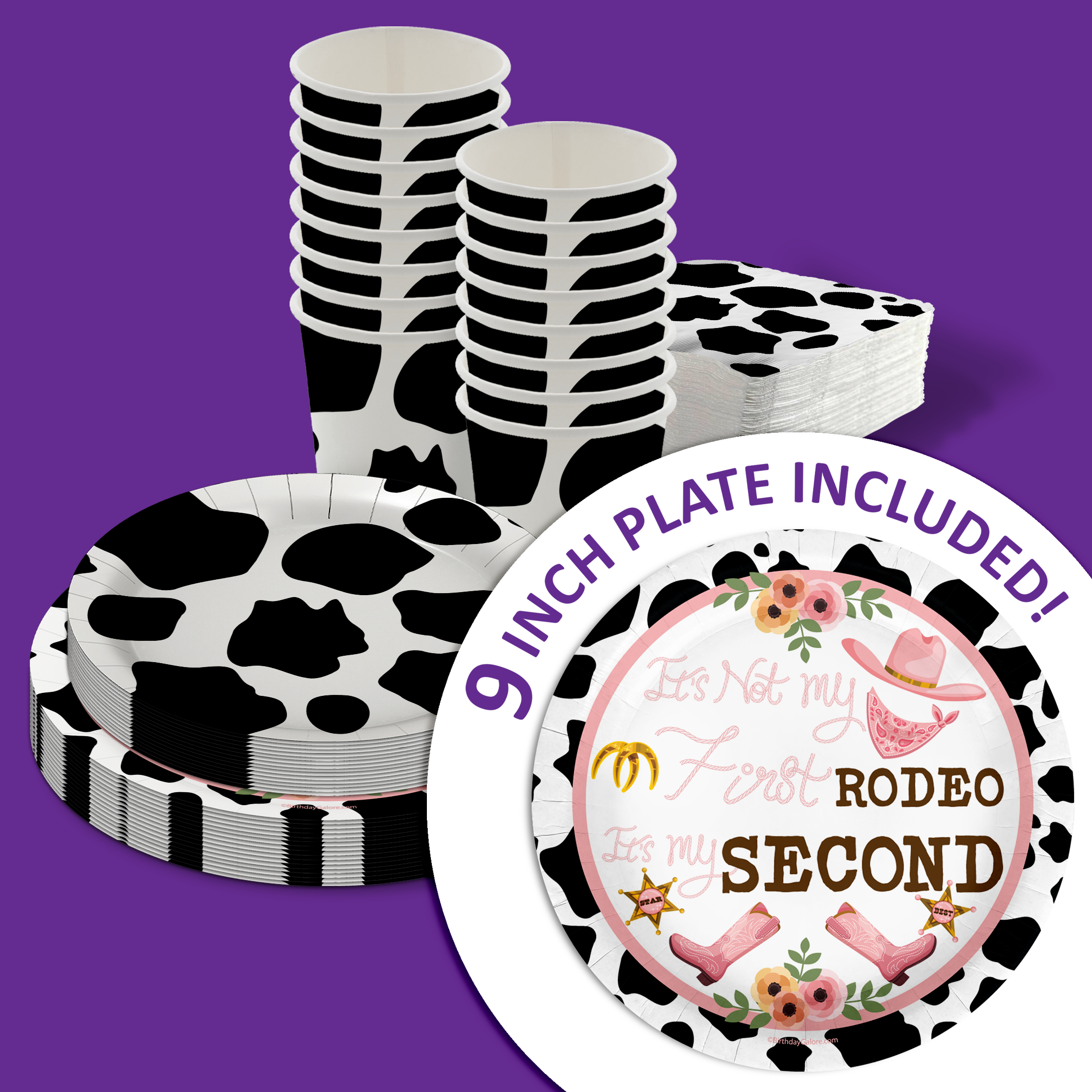 My Second Rodeo Cow Print 2nd Birthday Party Tableware Kit For 16 Guests 64 Piece