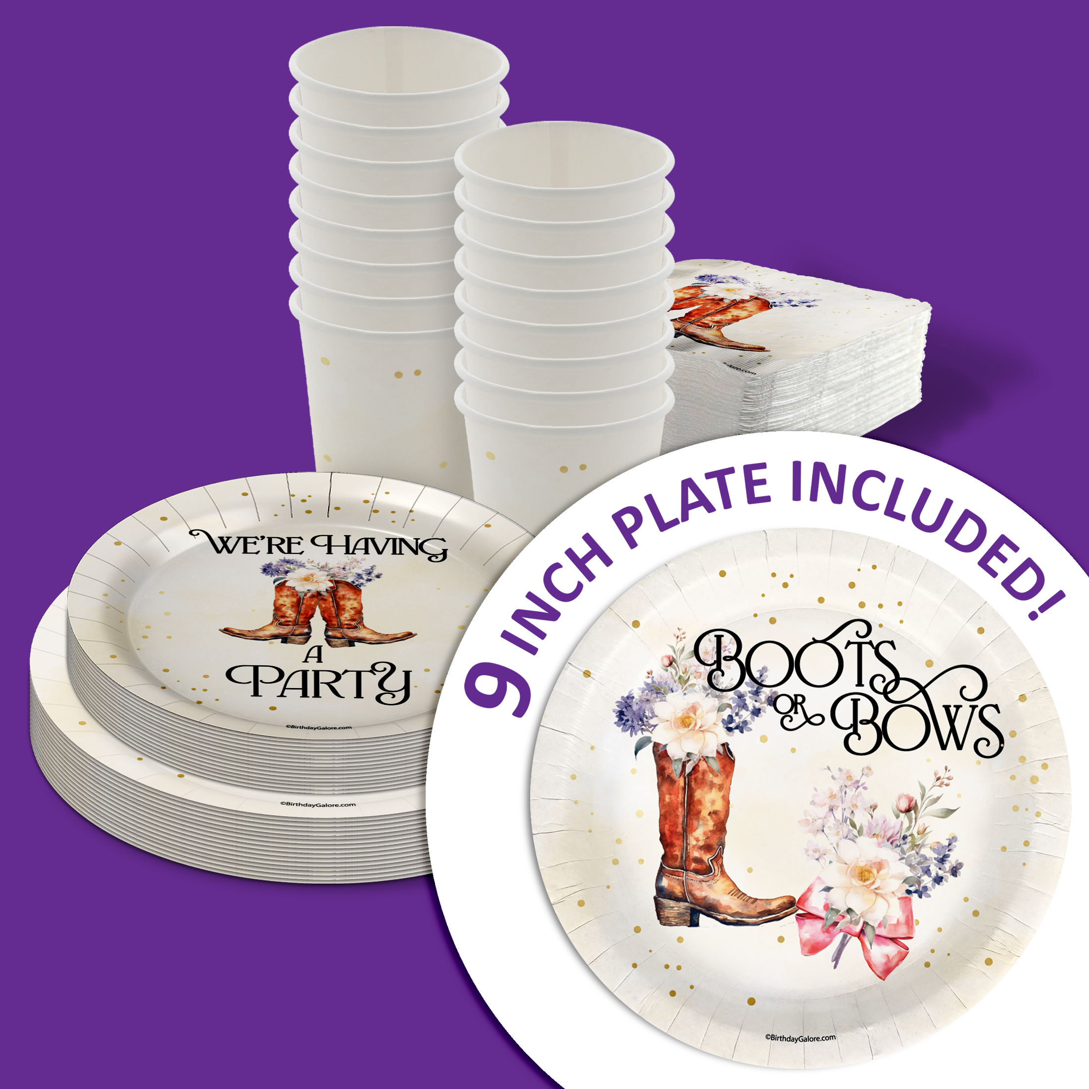 Boot or Bows Gender Reveal Party Supplies 64 Piece Tableware Set Includes Large 9" Paper Plates Dessert Plates, Cups and Napkins Kit for 16