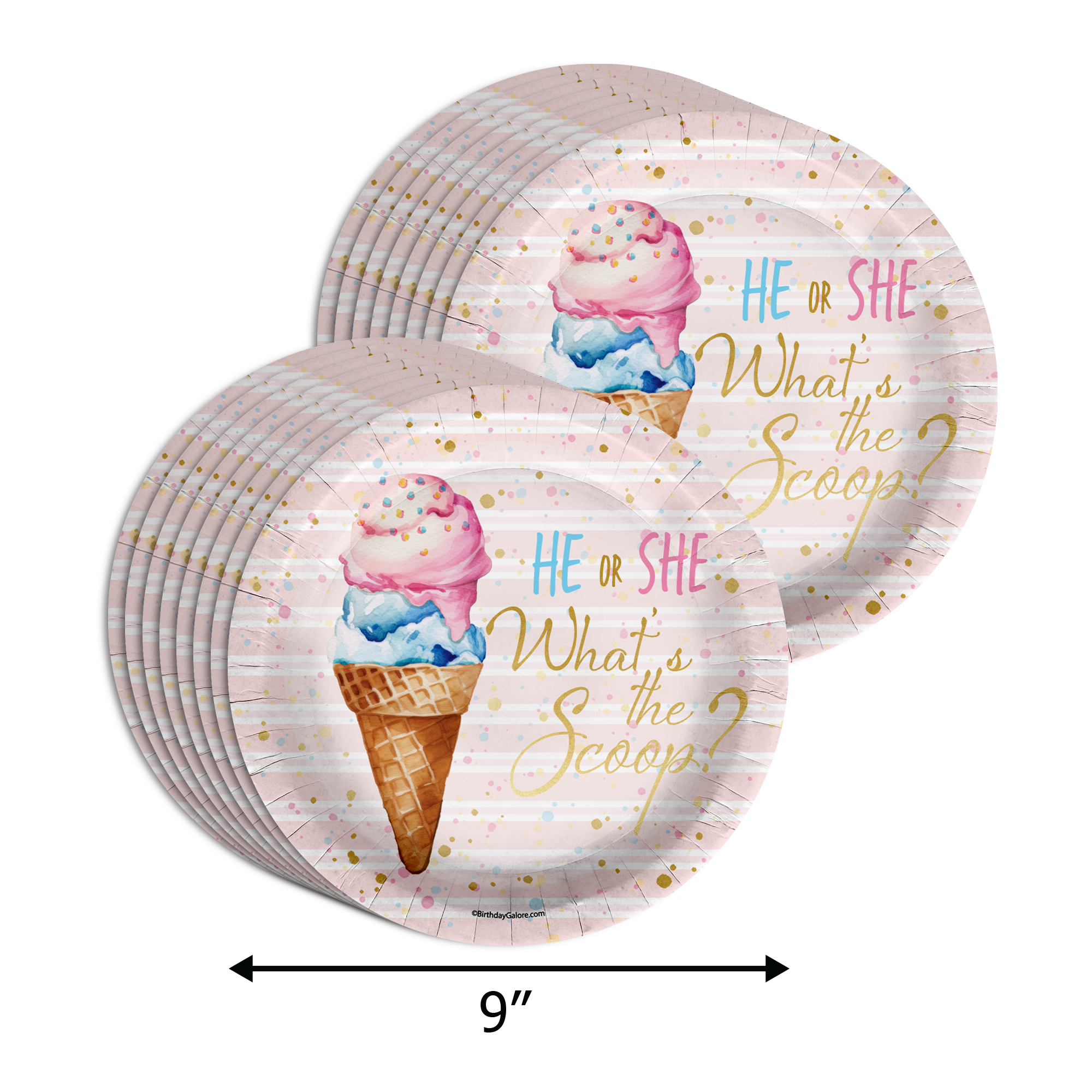 He or She Scoops Ice Cream Gender Reveal Party Supplies 64 Piece Tableware Set Includes Large 9" Paper Plates Dessert Plates, Cups and Napkins Kit for 16