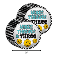 Vibin Thrivin' and Three Smiley Face 3rd Birthday Party Supplies 64 Piece Tableware Set Includes Large 9" Dinner Plate and Small Dessert Plates Cups and Napkins Tableware Kit for 16