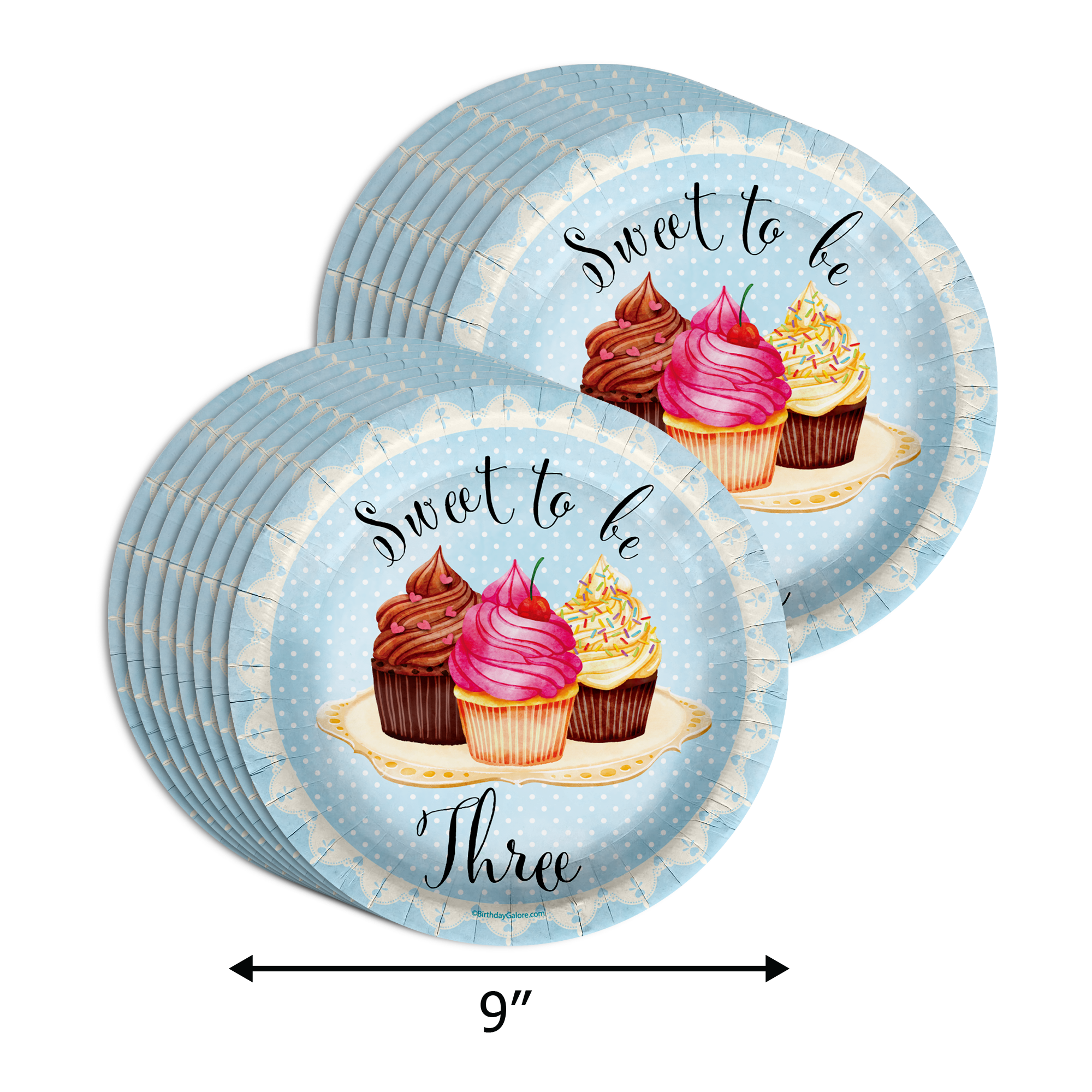 Sweet to Be Three Cupcake 3rd Birthday Party Supplies 64 Piece Tableware Set Includes Large 9" Paper Plates Dessert Plates, Cups and Napkins Kit for 16