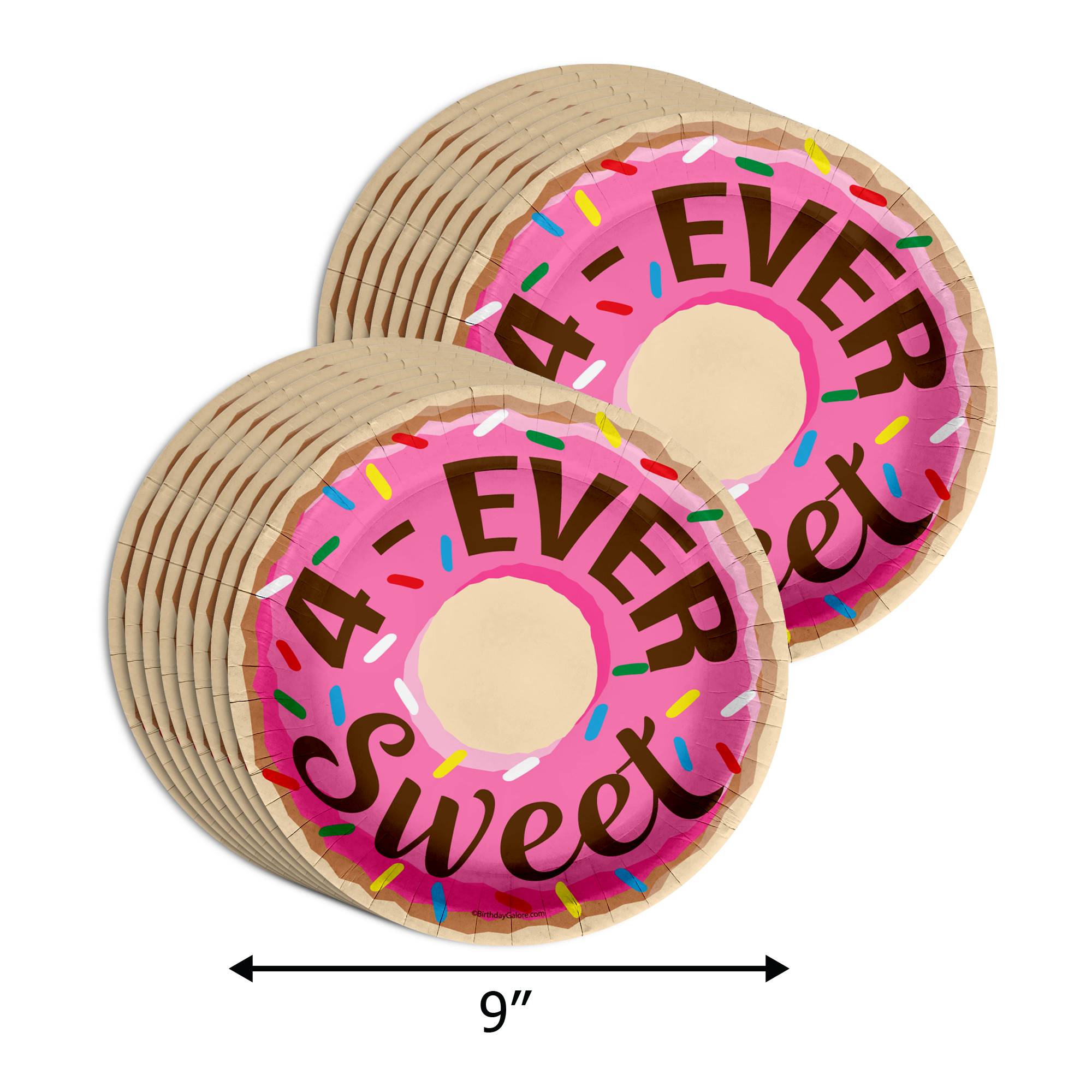 Girls 4th Birthday Party Supplies - Fourever Sweet Donut Birthday Paper Plates - 64 Piece Tableware Set Includes Large 9" Paper Plates Dessert Plates, Cups and Napkins Kit for 16