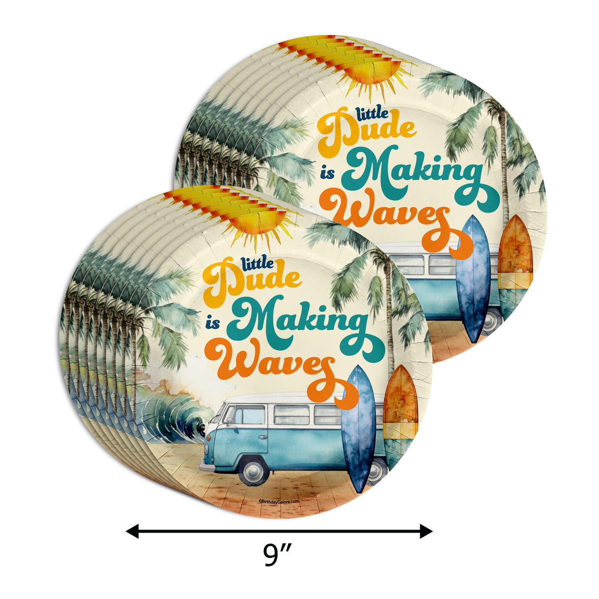 Little Dude Making Waves Surfing Baby Shower Party Supplies 64 Piece Tableware Set Includes Large 9" Paper Plates Dessert Plates, Cups and Napkins Kit for 16