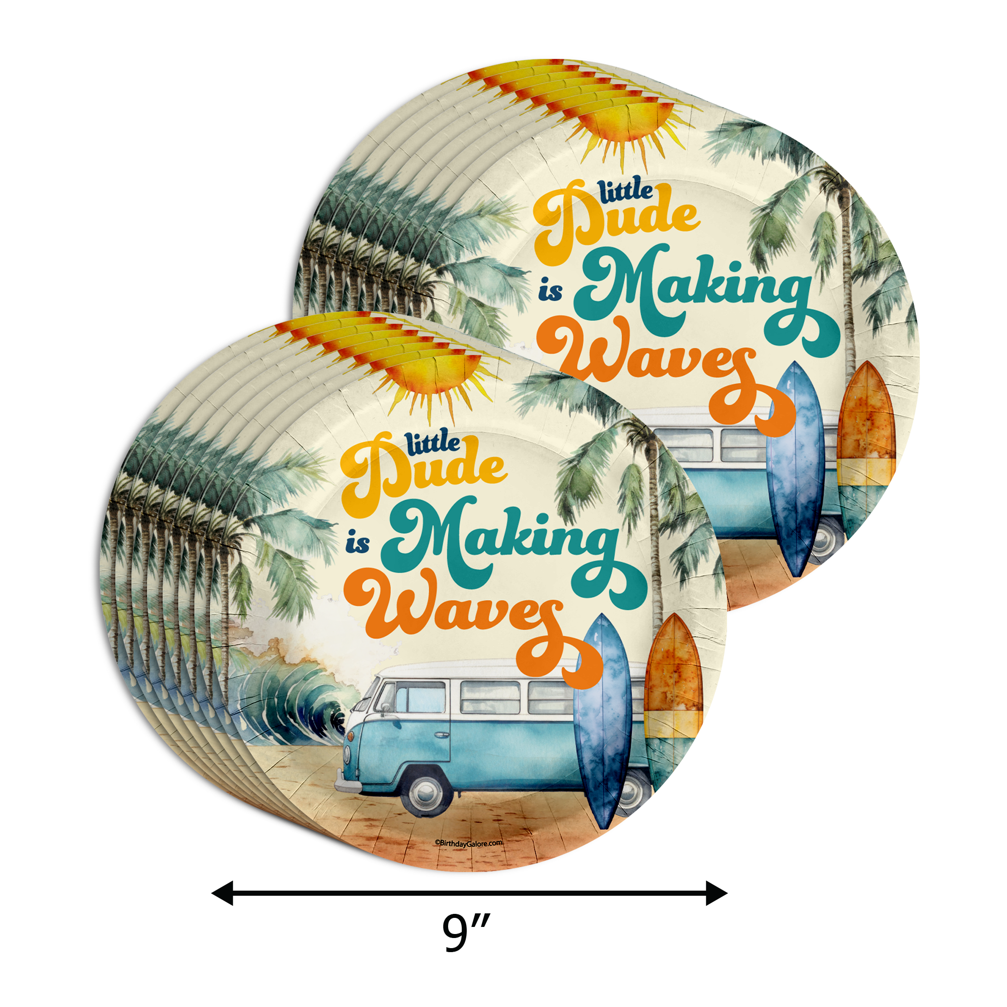 Little Dude Making Waves Surfing Baby Shower Party Supplies 64 Piece Tableware Set Includes Large 9" Paper Plates Dessert Plates, Cups and Napkins Kit for 16