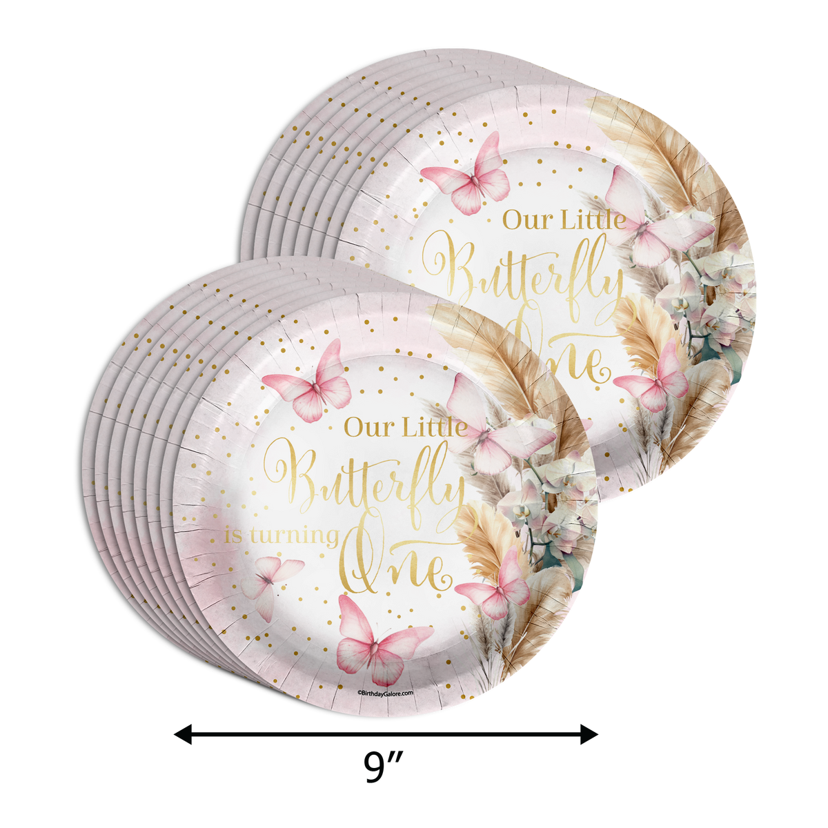 Butterfly Girl's 1st Birthday Party Supplies 64 Piece Tableware Set Includes Large 9" Paper Plates Dessert Plates, Cups and Napkins Kit for 16