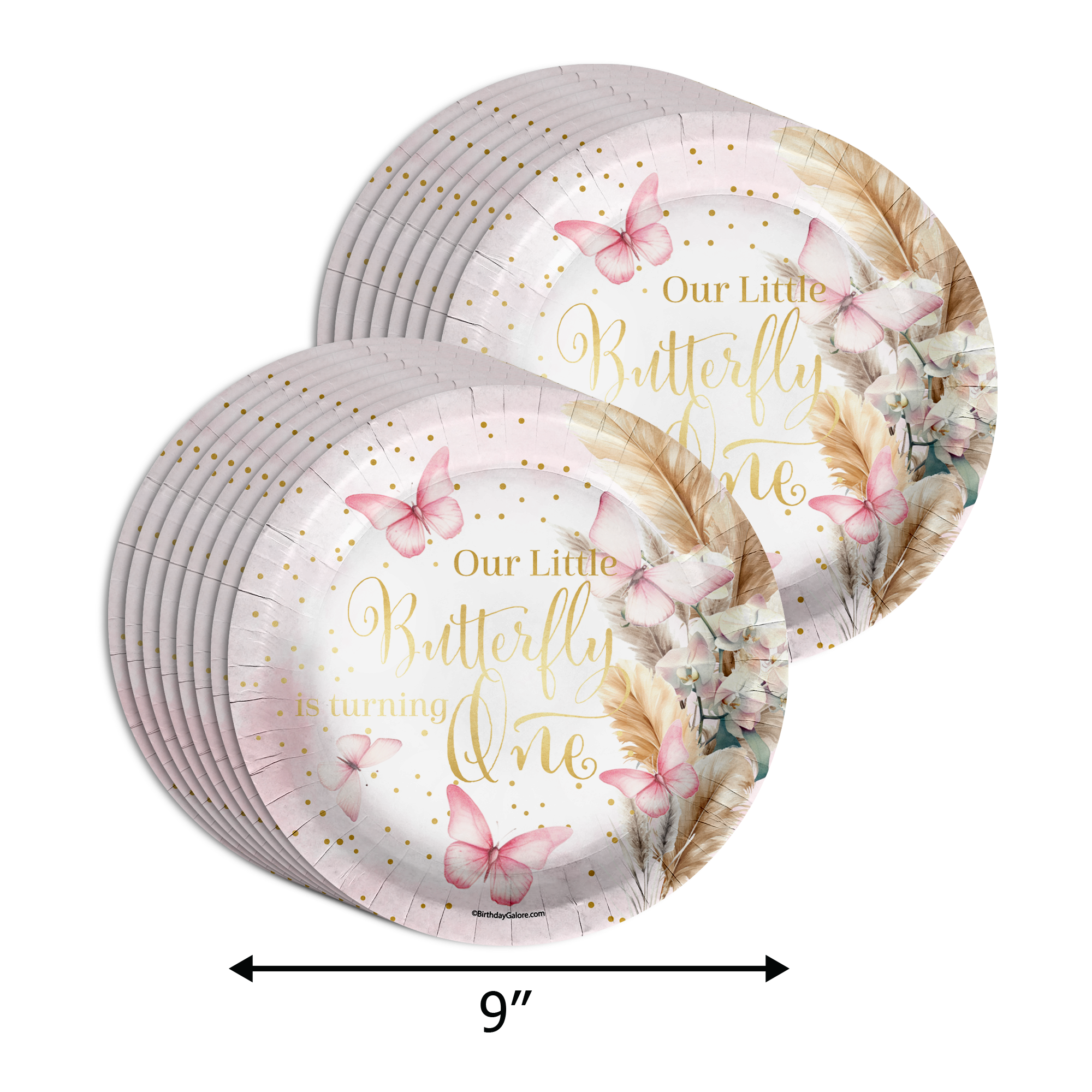 Butterfly Girl's 1st Birthday Party Supplies 64 Piece Tableware Set Includes Large 9" Paper Plates Dessert Plates, Cups and Napkins Kit for 16