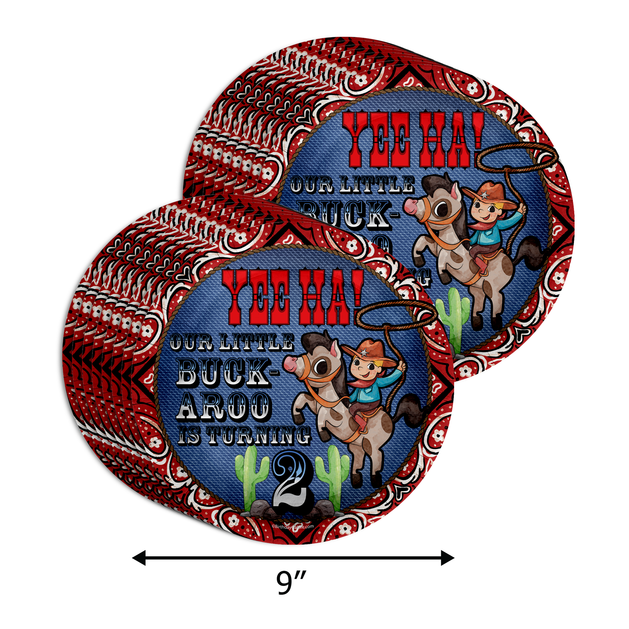 Our Little Buckaroo is Turning Two 2nd Birthday Party Supplies 64 Piece Tableware Set Includes Large 9" Paper Plates Dessert Plates, Cups and Napkins Kit for 16