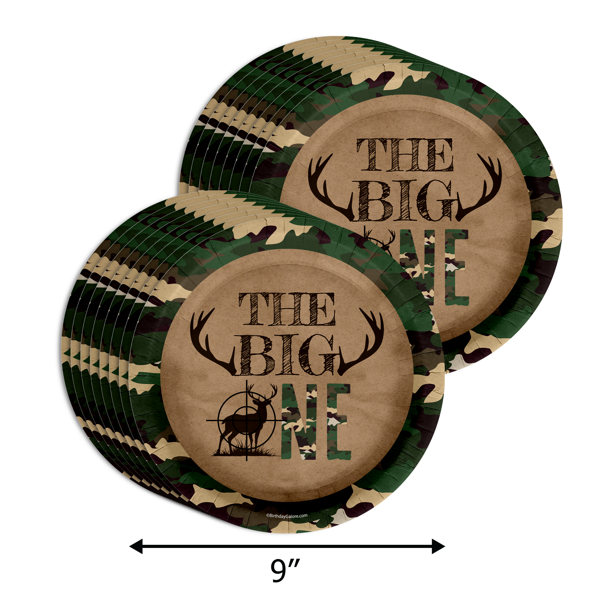 The BIG One Buck Hunter 1st Birthday Party Supplies 64 Piece Tableware Set Includes Large 9" Paper Plates Dessert Plates, Cups and Napkins Kit for 16