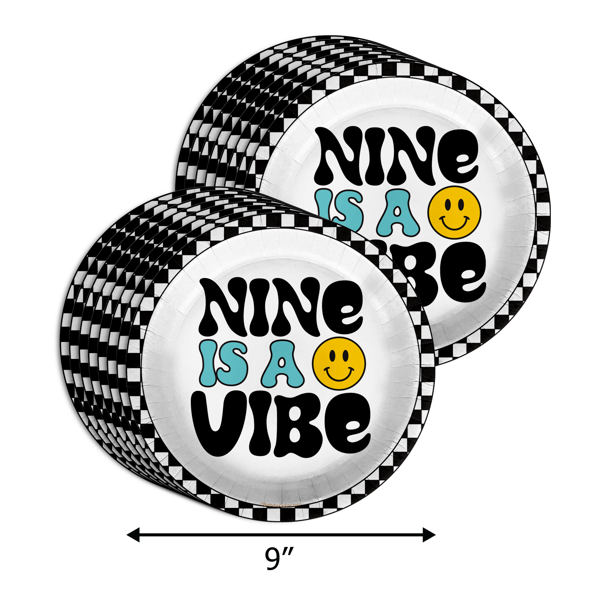 Nine is a Vibe Smiley Face 9th Birthday Party Supplies 64 Piece Tableware Set Includes Large 9" Dinner Plate and Small Dessert Plates Cups and Napkins Tableware Kit for 16