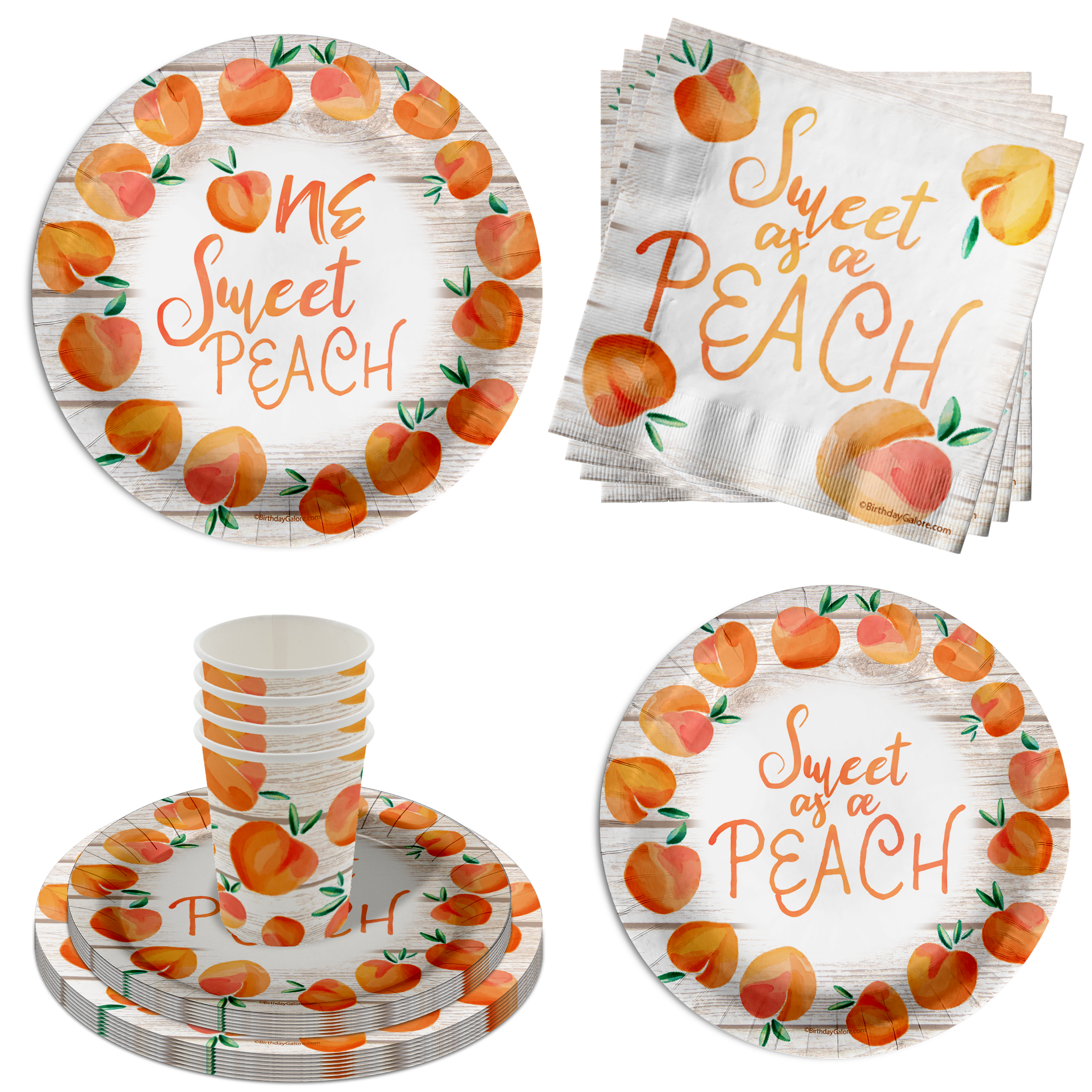 One Sweet Peach 1st Birthday Party Supplies 64 Piece Tableware Set Includes Large 9" Paper Plates Dessert Plates, Cups and Napkins Kit for 16