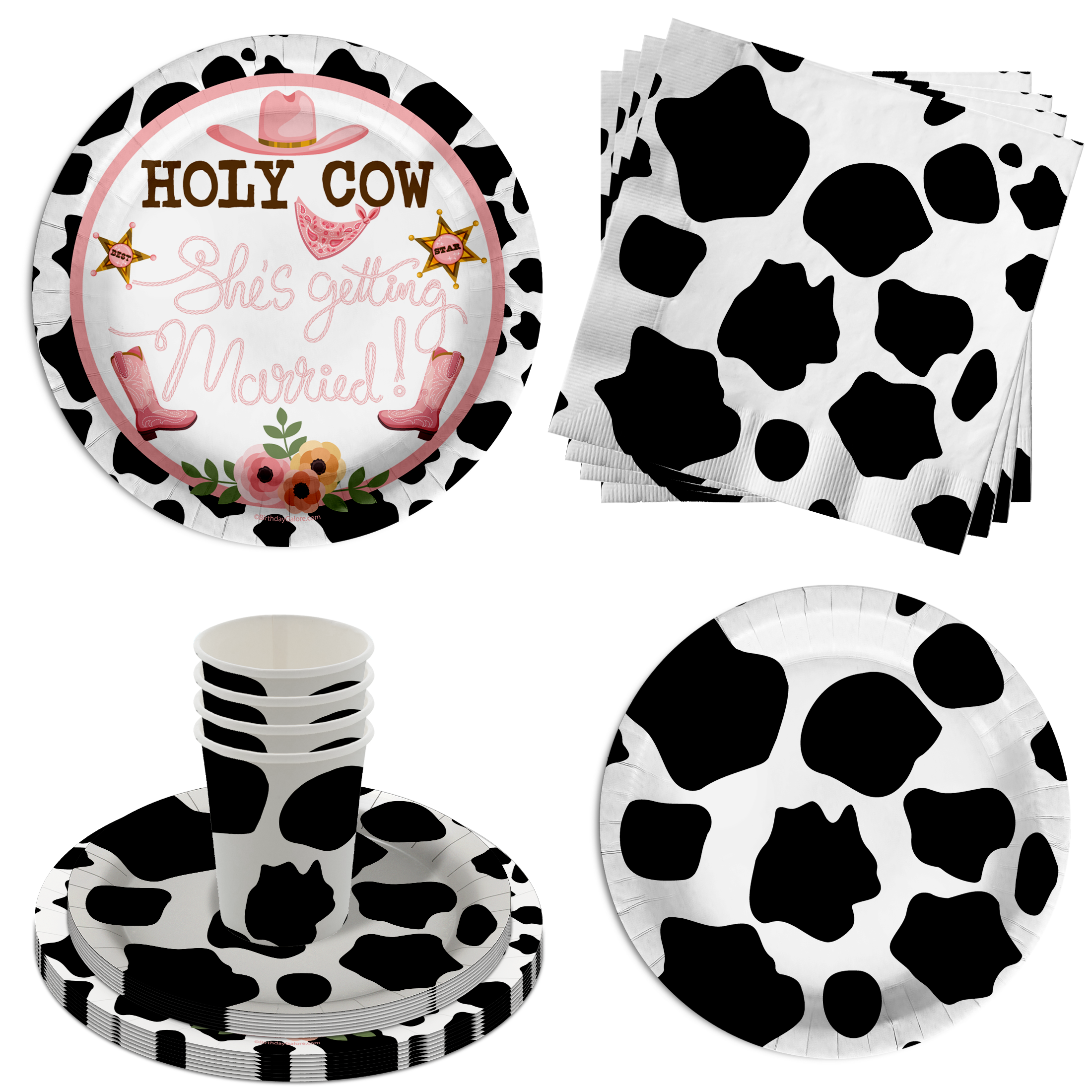 Holy Cow She's Getting Married Bridal Shower Party Supplies 64 Piece Tableware Set Includes Large 9" Paper Plates Dessert Plates, Cups and Napkins Kit for 16