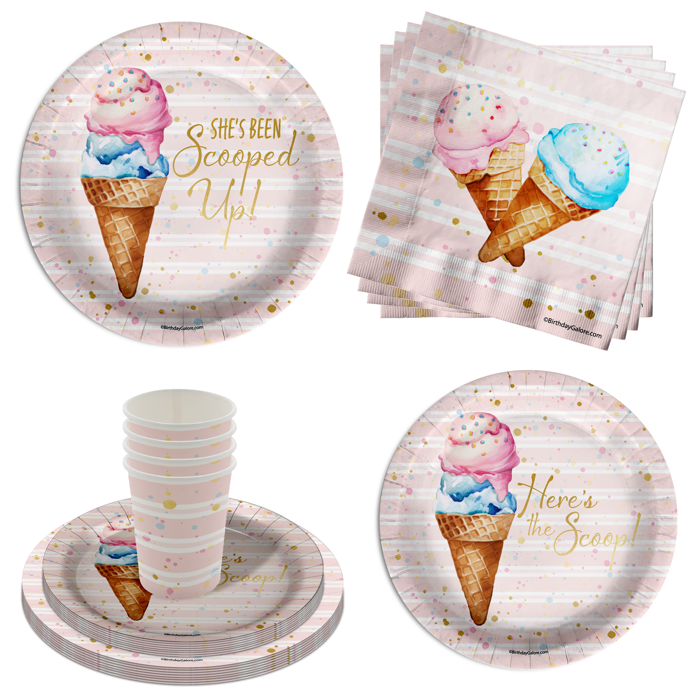 She's Been Scooped Up Ice Cream Bridal Shower Party Supplies 64 Piece Tableware Set Includes Large 9" Paper Plates Dessert Plates, Cups and Napkins Kit for 16